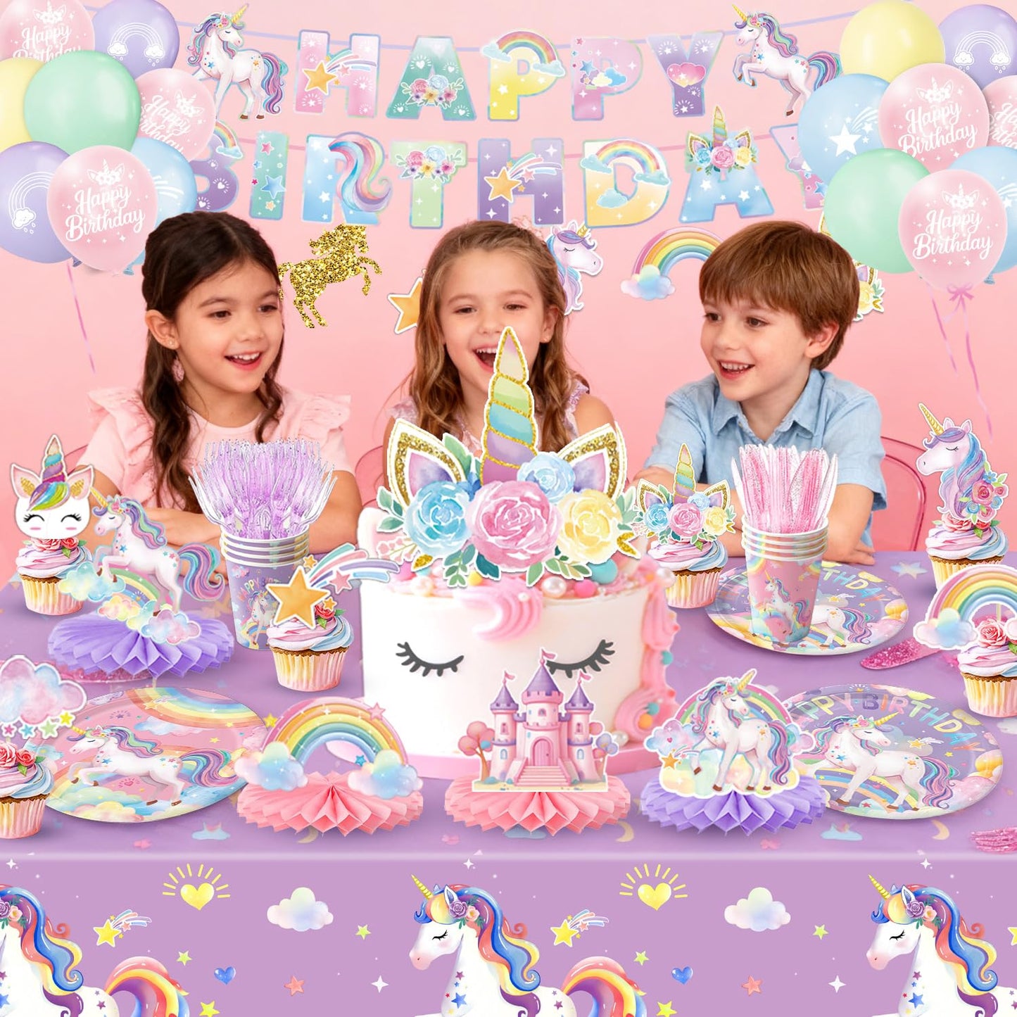 NKPDAXM Unicorn Birthday Decorations - Plates, Napkins, Cups, Cutlery, Hanging Swirls, Banner