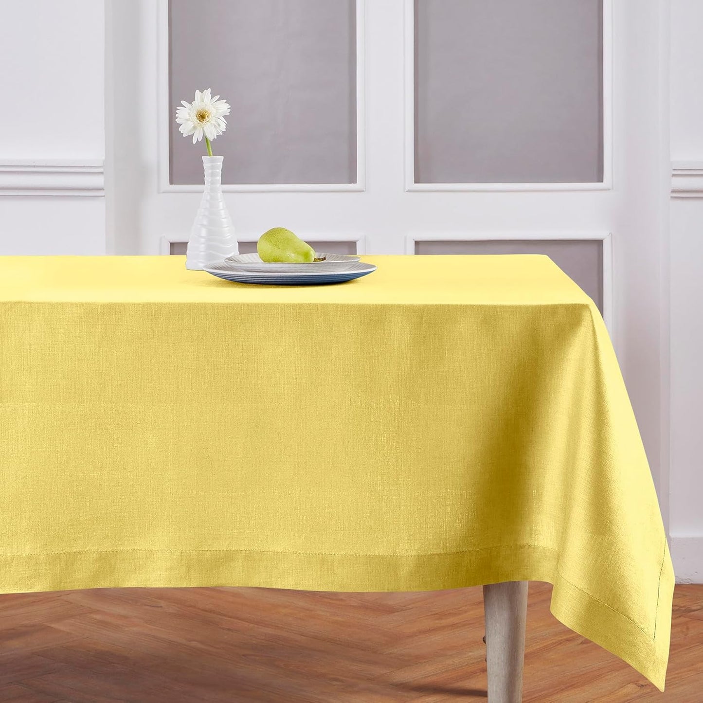 Solino Home Linen Tablecloth for Rectangle Tables 60 x 120 Inch - 100% Pure Linen Sunshine Yellow Table Cloth - Fete, Machine Washable Cloth Tablecloth