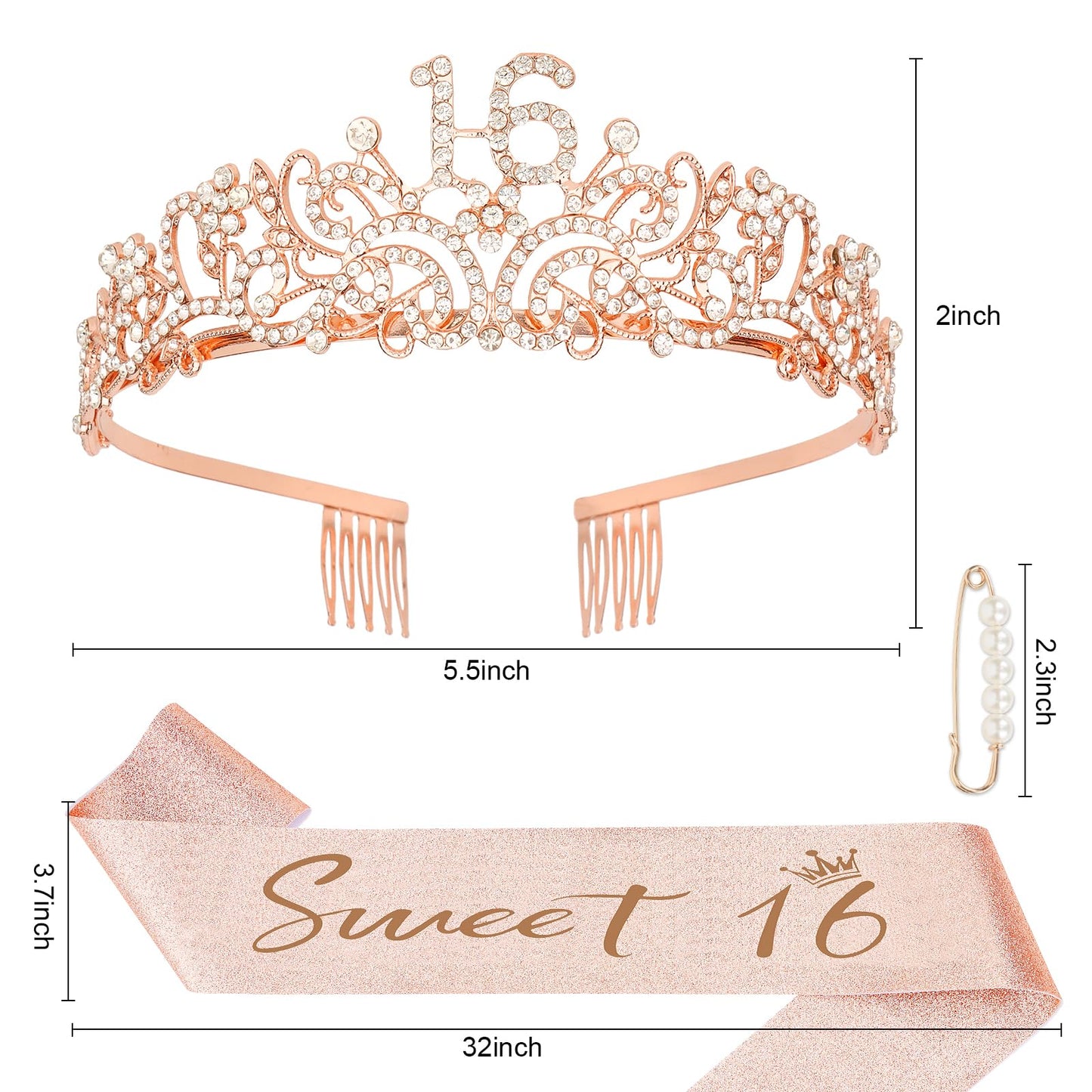 Semato Sweet 16 Party Decorations Set - 16th Birthday Crown and Sash Glitter Kit for Girls Party