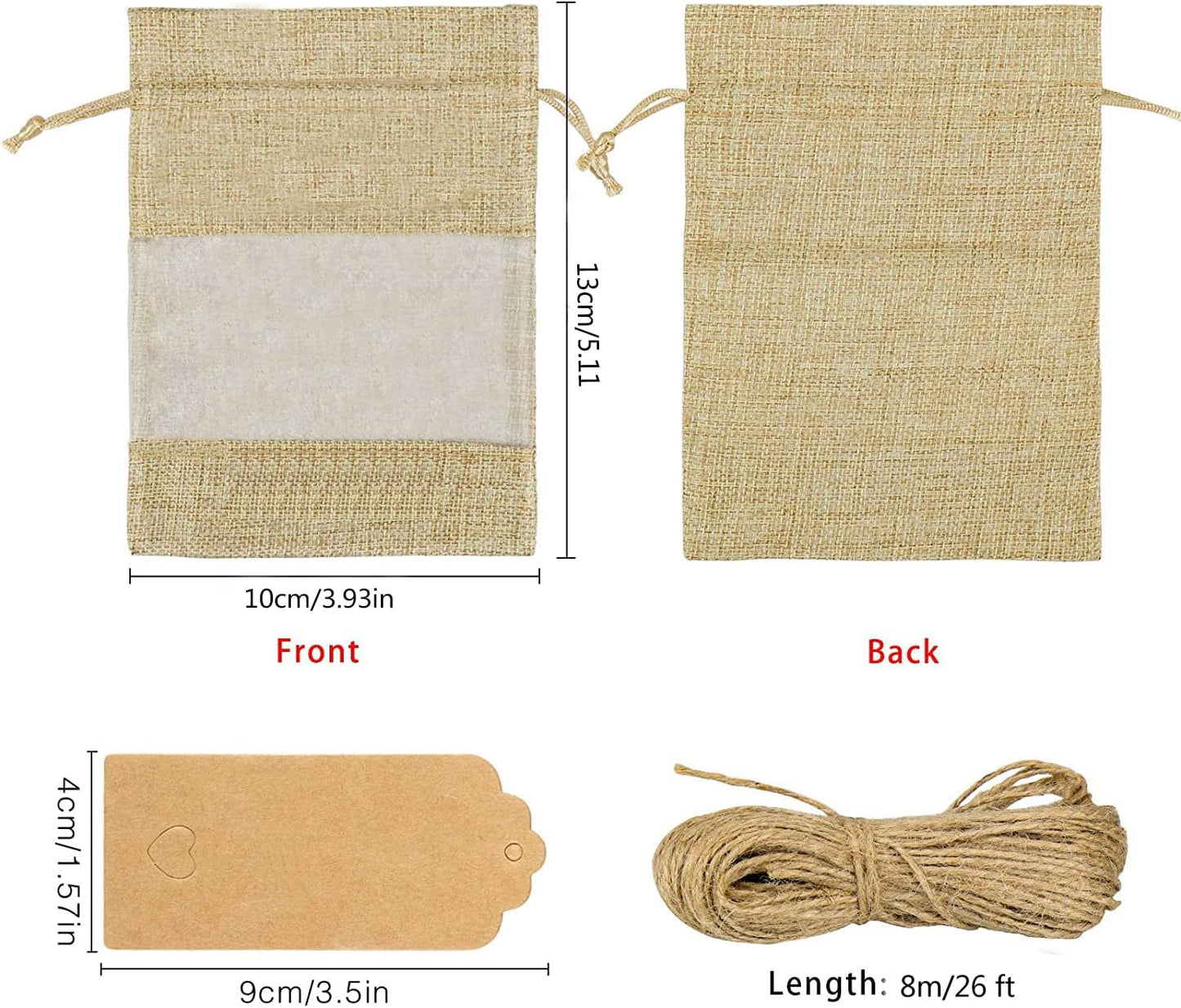 GIOIPC 20Pcs 4 x 6 Inch Linen Burlap Sheer Bags with Drawstring and Bonus Gift Tags for Wedding Birthday Bag,Craft Bags,Cosmetic Samples