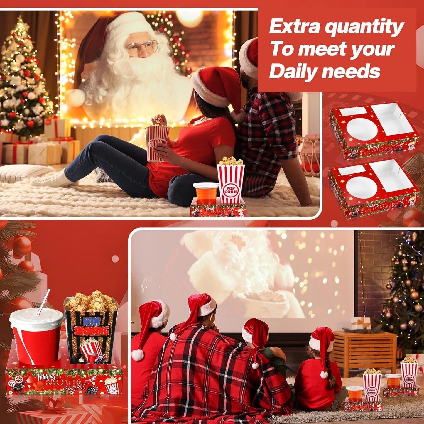 Faccito 36 Pcs Movie Night Snack Trays Movie Theater Snack Boxes Night Supply Disposable Paper Holder Tray for Popcorn Food Candy Drink Party 8 x 6 Inch(Red Green,Holly Style)