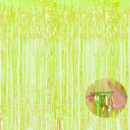 BRAVESHINE Iridescent Foil Fringe Backdrop - 2 Pack 3.2 x 6.5 ft Holographic Tinsel Curtain Party Streamers Photo Backdrop for Birthdays Dinosaur Theme Christmas Patricks Decorations - Clear Green