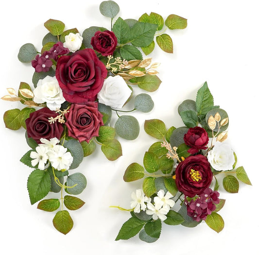 WEIERYUE(Pack of 2 Artificial Flowers Decorations,Artificial Arch Backdrop Garlandfor Ceremony Party Reception Entrance Welcome Easel Door Floral Decor Wall Home Entryway Outdoor(Wine red)