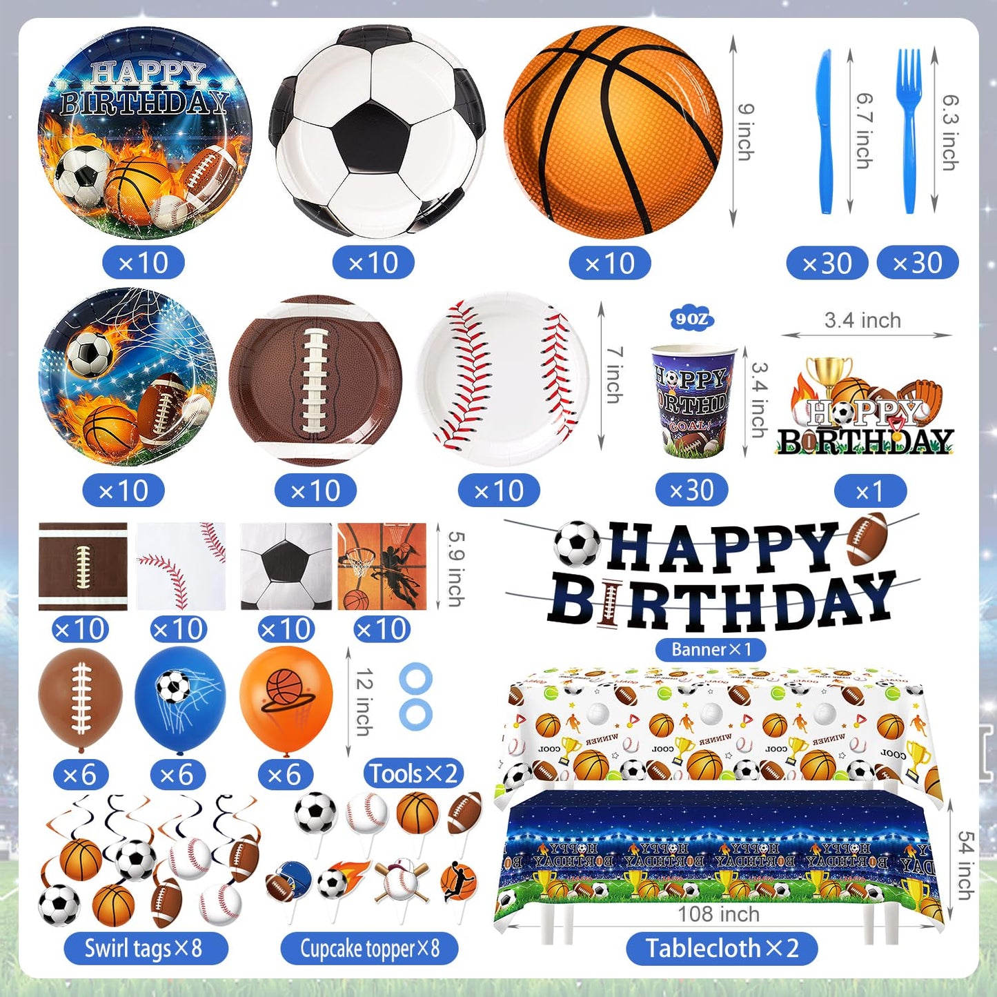 244 Pcs Sports Birthday Party Decorations - Serve 30, All in One Football Basketball Baseball