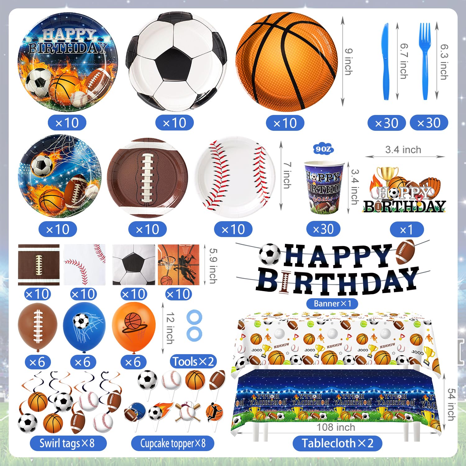 244 Pcs Sports Birthday Party Decorations - Serve 30, All in One Football Basketball Baseball