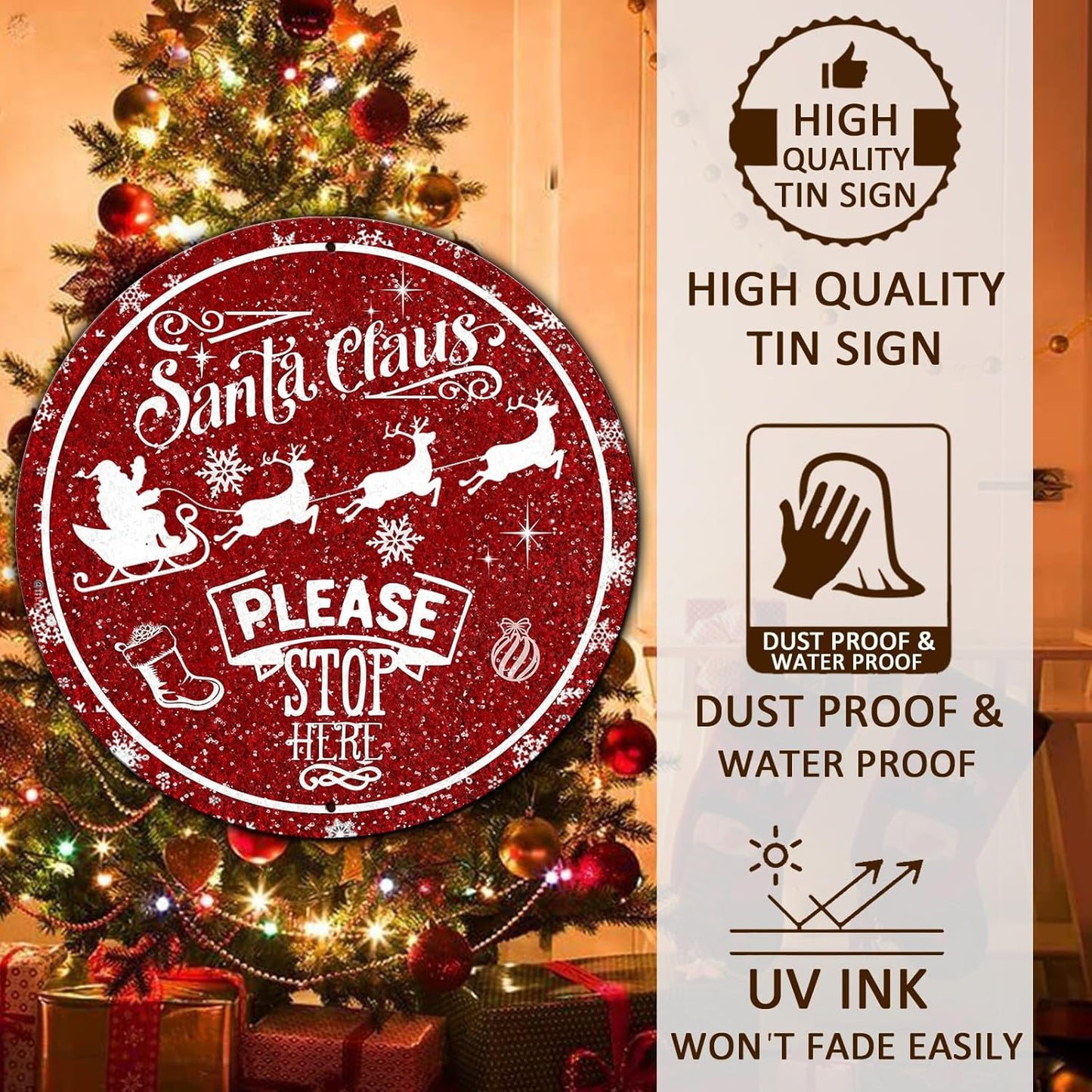 Round Metal Tin Sign - Santa Sleigh Reindeer Vintage Sign - Santa Claus Please Stop Here Sign for Christmas Living Room Bedroom Coffee Bar - 8 * 8 in