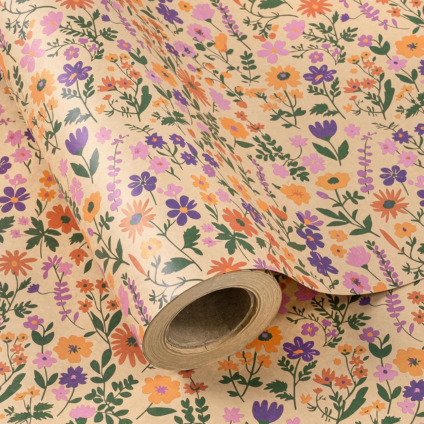 WRAPAHOLIC Kraft Floral Wrapping Paper Roll - Mini Roll - 17 Inch x 16.5 Feet - Vintage Flower Wrapping Paper, Perfect for Wedding, Birthday, Bridal Shower, Tea Party