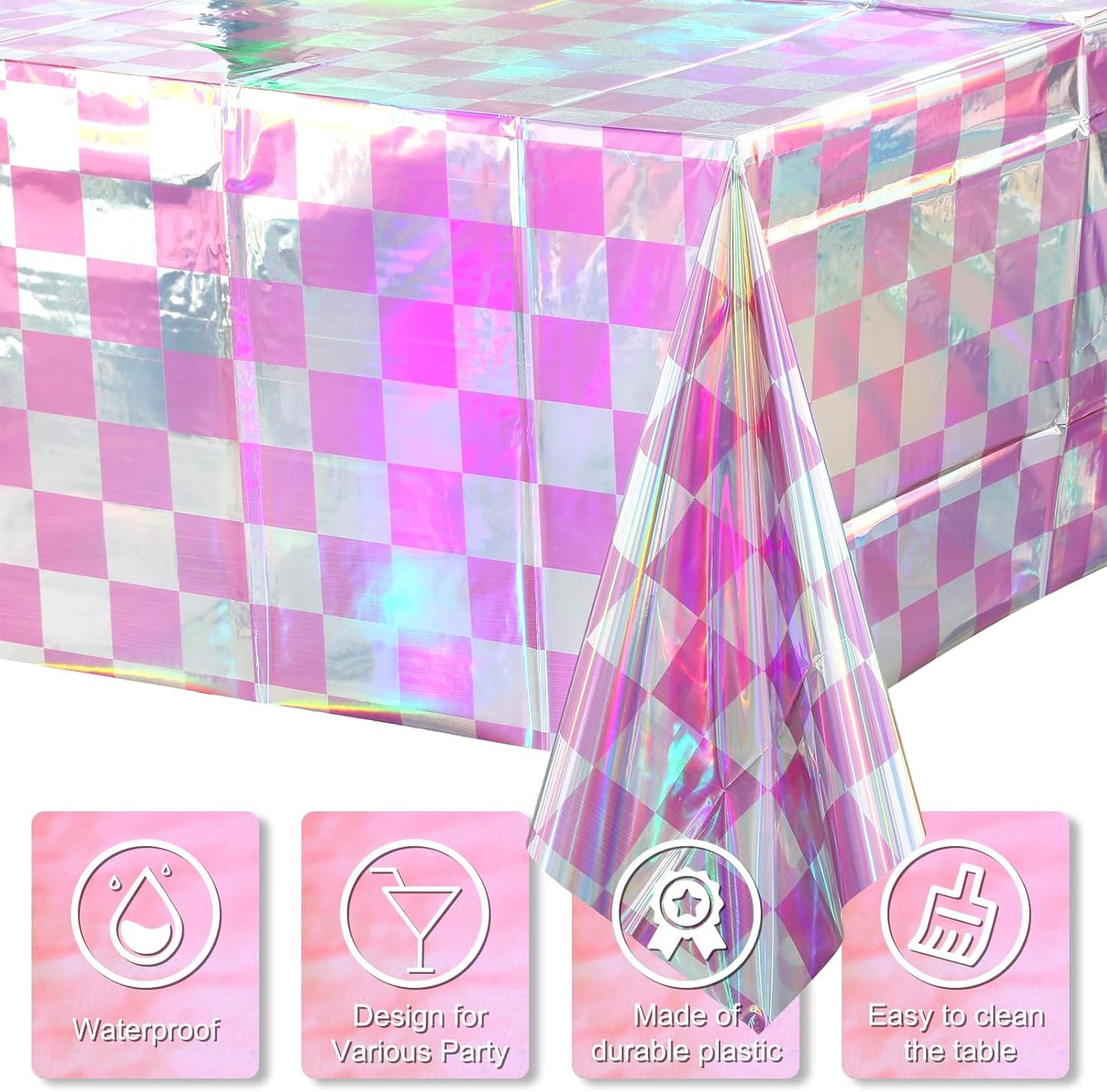 6 Pack Pink and Iridescent Checkered Plastic Tablecloth, Shiny Disposable Laser Rectangle Table Covers, Holographic Foil Tablecloth Iridescent Party Decorations for Picnic Camping Outdoor, 54x108Inch