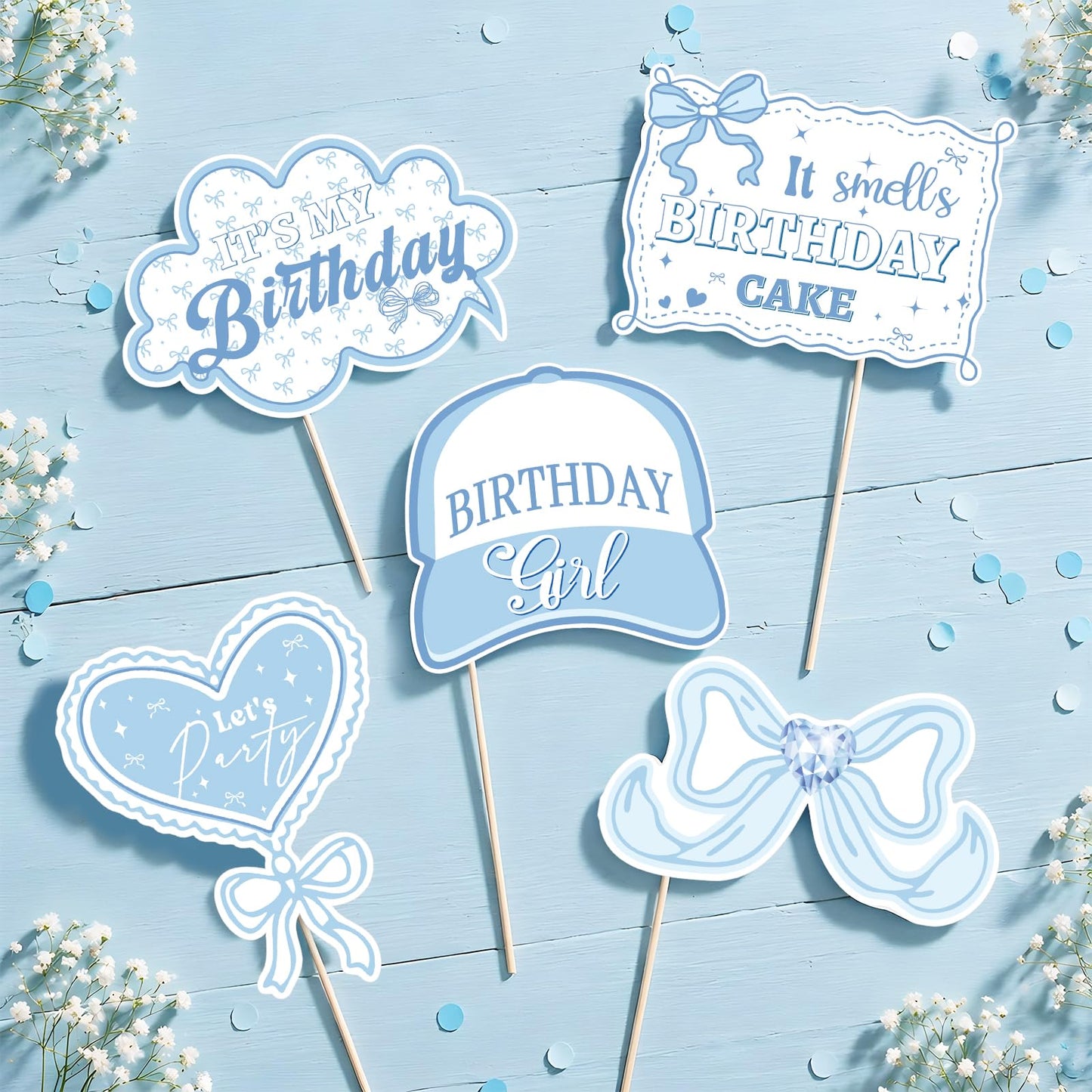 Blue Bow Party Decorations Photo Booth Props Signs,25pcs Bow Bluey Birthday Decorations Selfie