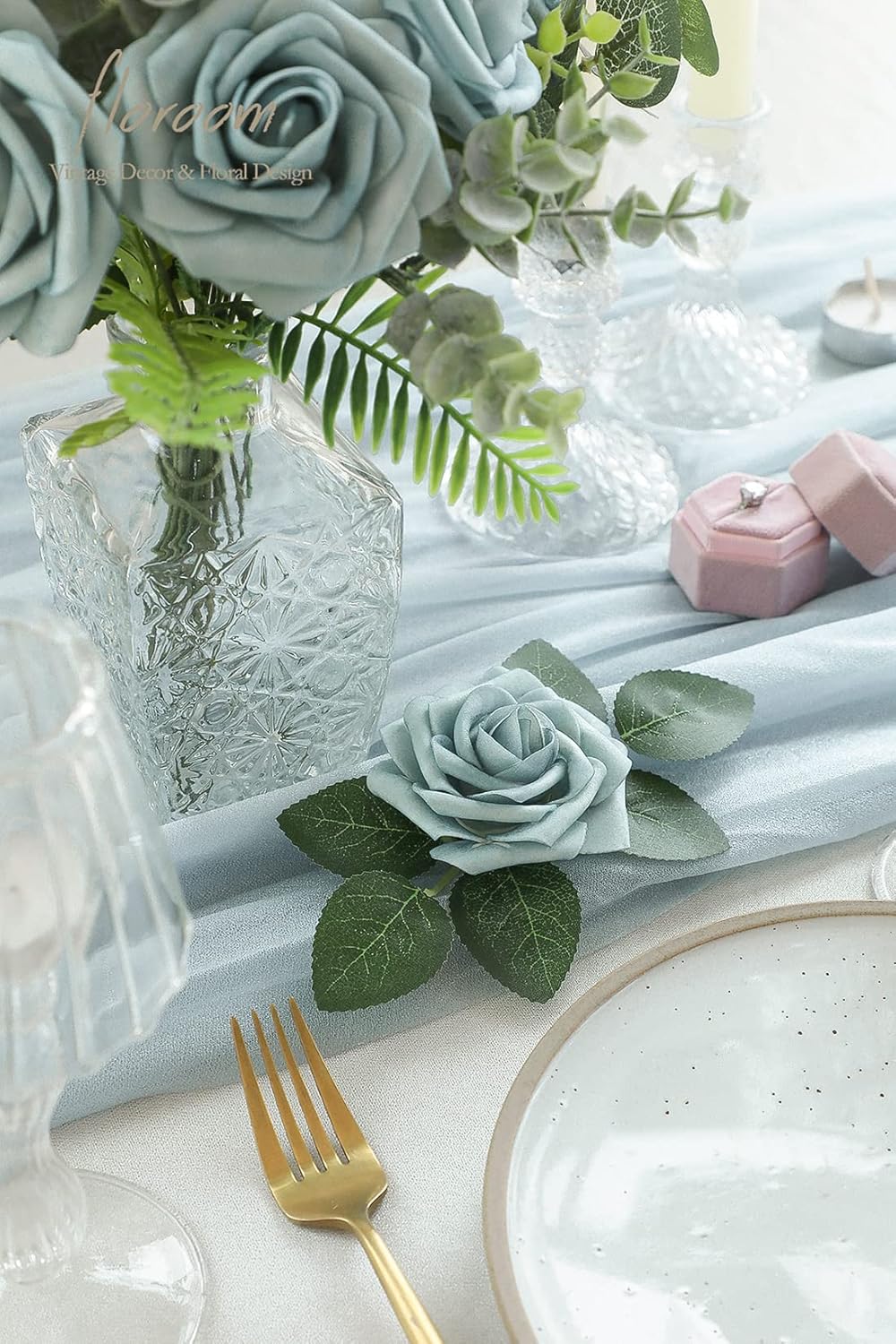 Floroom Artificial Flowers 25pcs Real Looking Dusty Blue Foam Fake Roses with Stems for DIY Wedding Bouquets Bridal Shower Centerpieces Floral Arrangements Party Tables Home Decorations