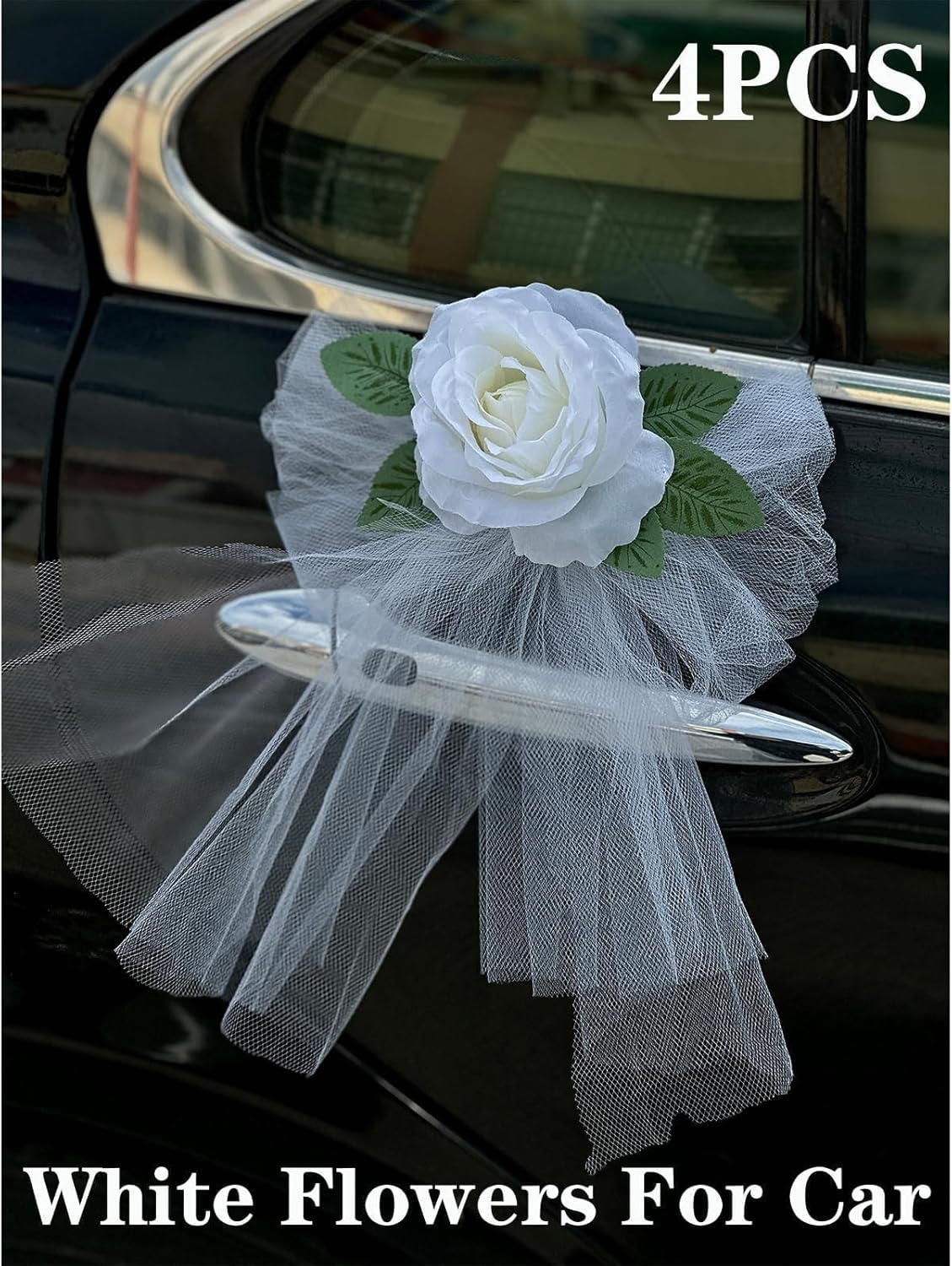 Elegant White Rose Wedding Car Door Handle Decoration – 12cm Artificial Flower with Leaf, White Tulle Bow & Suction Cup Attachment – Set of 4 for Bridal Vehicle Décor