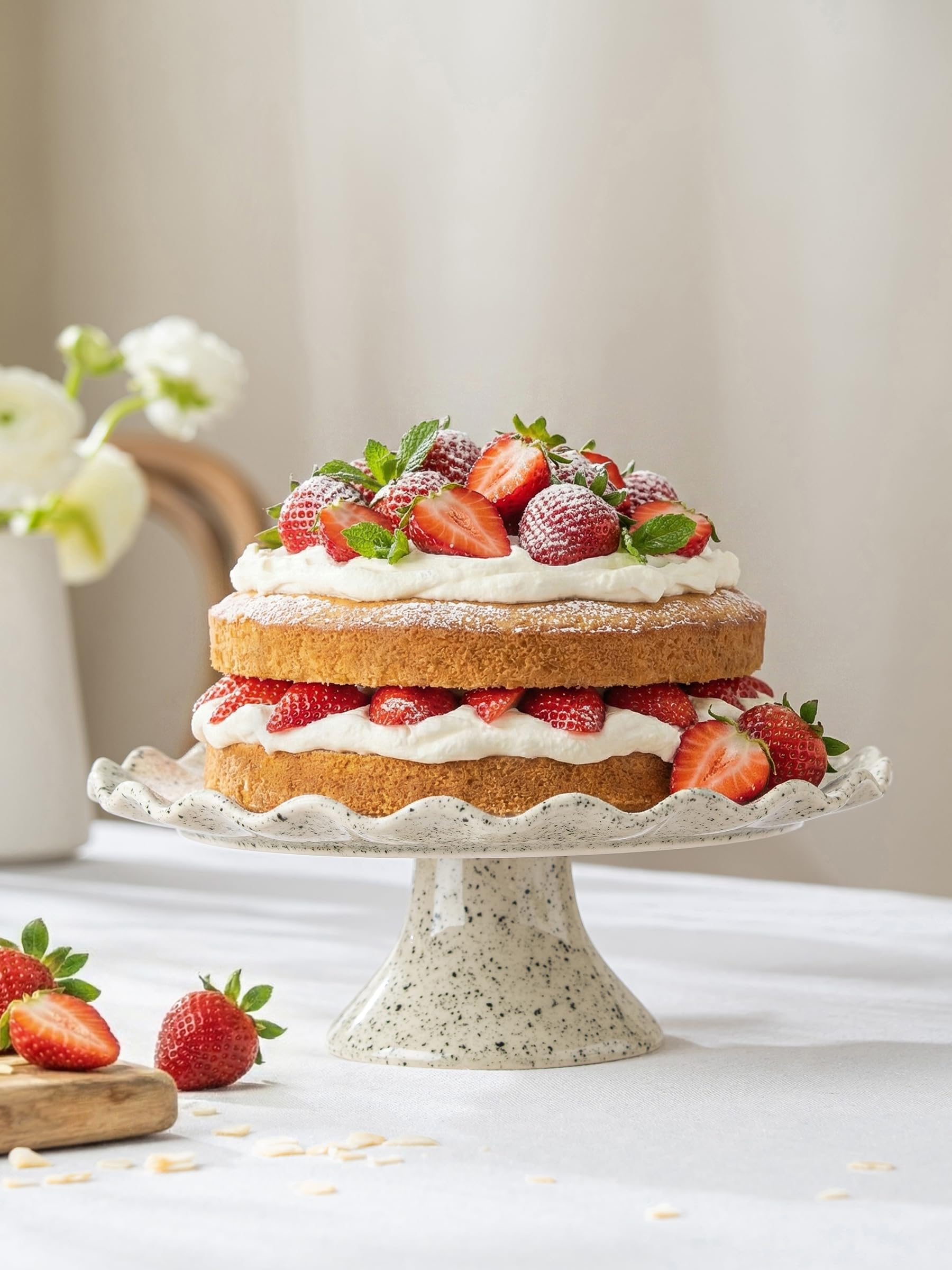 YHOJOY Ceramic Cake Stand, Small Cake Plate for 8 Inch Cake, Speckled White