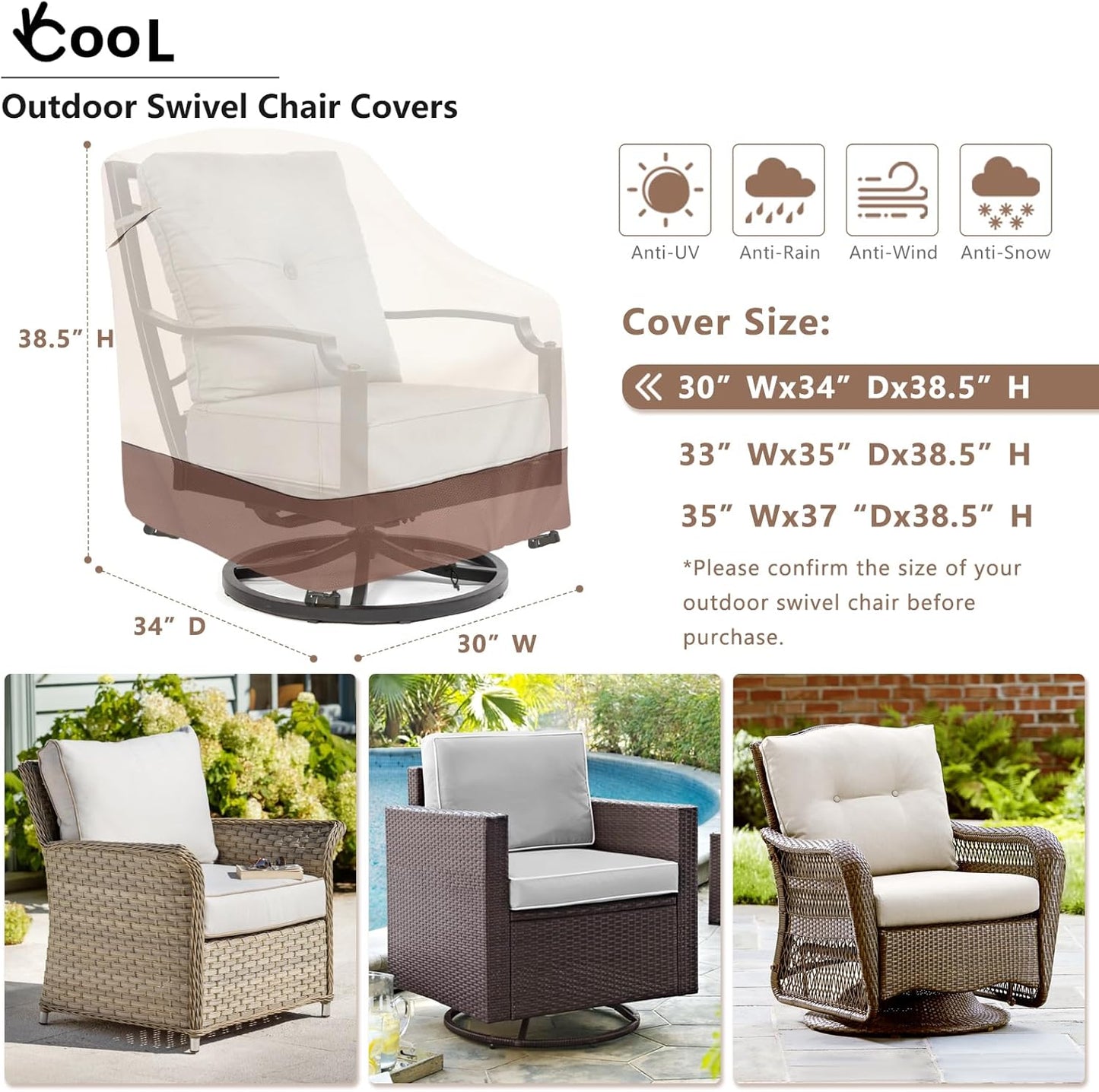 okcool Outdoor Swivel Chair Cover 2 Pack, Patio Chair Covers Waterproof Clearance, (30" W x 34" D x 38.5" H) Lawn Furniture Covers, Beige & Brown