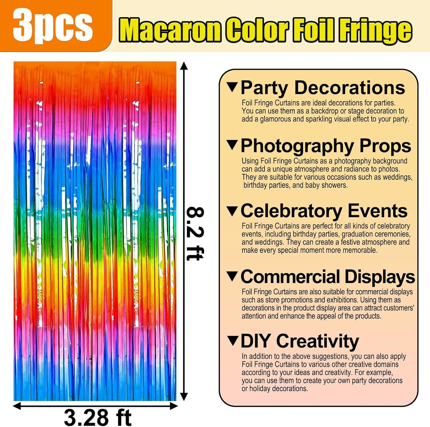 3 Pack Dark Rainbow Foil Fringe Curtain Backdrop, 3.28Ft x 8.2Ft Metallic Tinsel Foil Fringe Streamer Curtains for Photo Booth, Christmas Day, Thanksgiving, Wedding, New Year Party Decorations