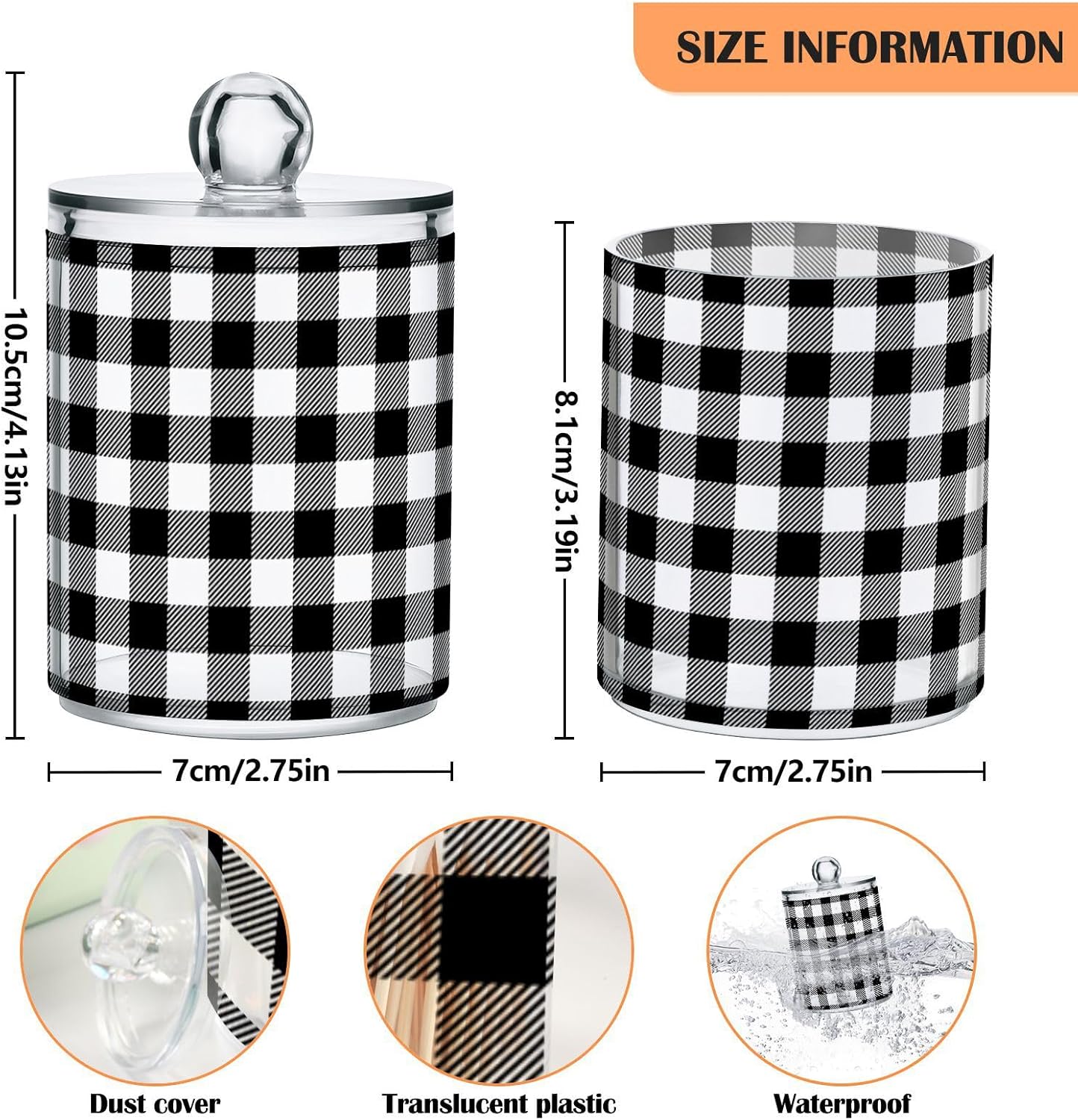 Gredecor Qtip Holder Dispenser 2 Pack Black White Classic Buffalo Plaid Bathroom Decorative Storage Canister Holder Counter Vanity Organizer for Cotton Ball Swabs Pads Floss