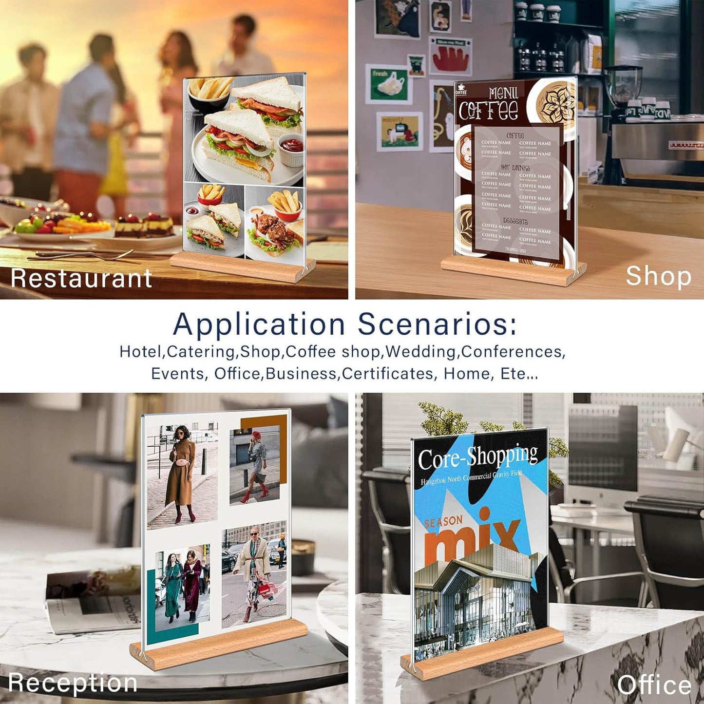 Kersally Acrylic Sign Holder 5 x 7, 4 Pack Double-Sided Clear Table Display Stands with Wood Base,Vertical Acrylic Frame Menu Flyer Paper Holder for Stores, Restaurants, Hotels, Office, Show Fair