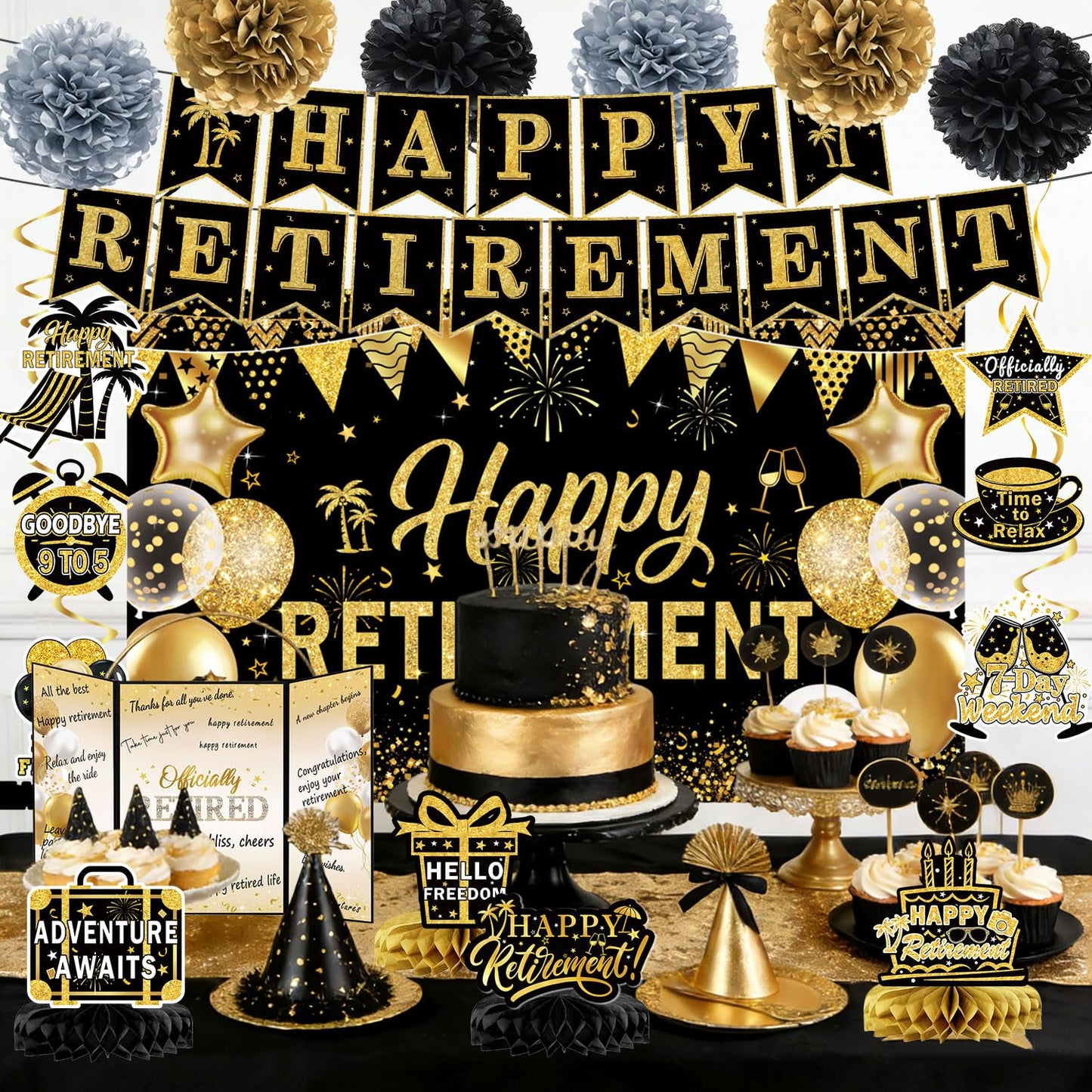 Retirement Party Decorations for Women Men Black and Gold Happy Retirement Banner & Backdrop