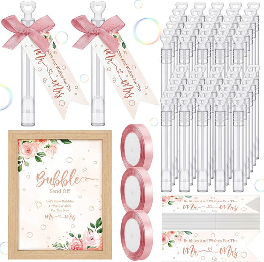 405 Pcs Wedding Bubbles Wands Set Include Heart Bubble Wands Bubbles Send Off Cards Gift Tags Wood Photo Frame Ribbons for Wedding Send Off Party Favors (Rose Pink)