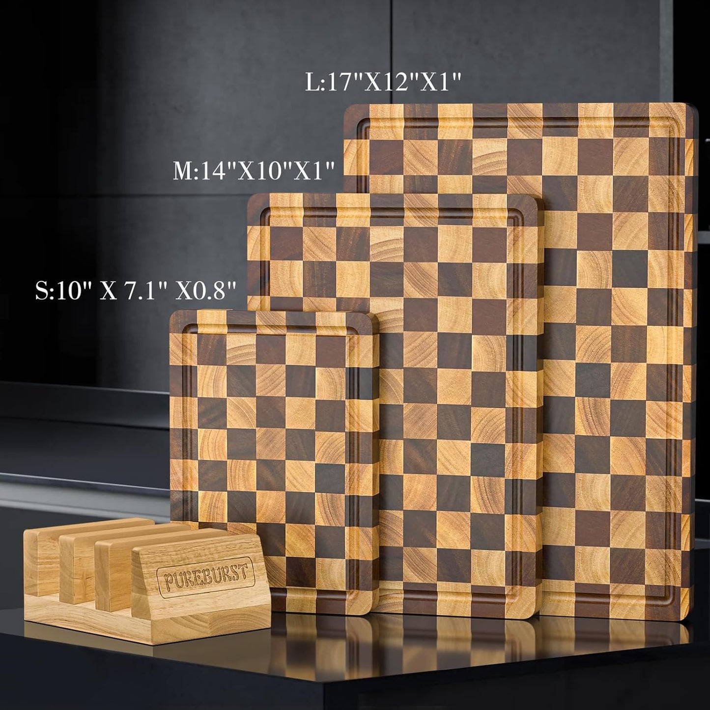Checkered Cutting Boards for Kitchen, Wood Cutting Board Sets, Walnut Rubber & Wooden Chopping Boards with Anti-Slip Base and Guide Groove, Chessboard Carving Used for Cutting Vegetables Fruits & Meat