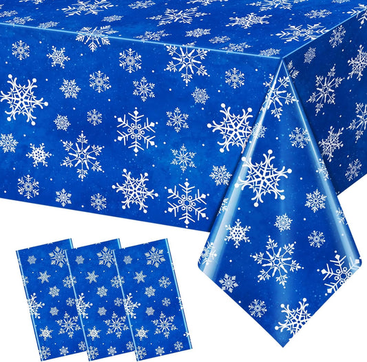 Jectivs 3 Pieces Christmas Snowflake Plastic Party Tablecloth Decorations,White Snowflake Blue Xmas Backdrop Sign Table Cover Banner for Winter Christmas Holiday Party Supplies,54x108 inch (Blue)