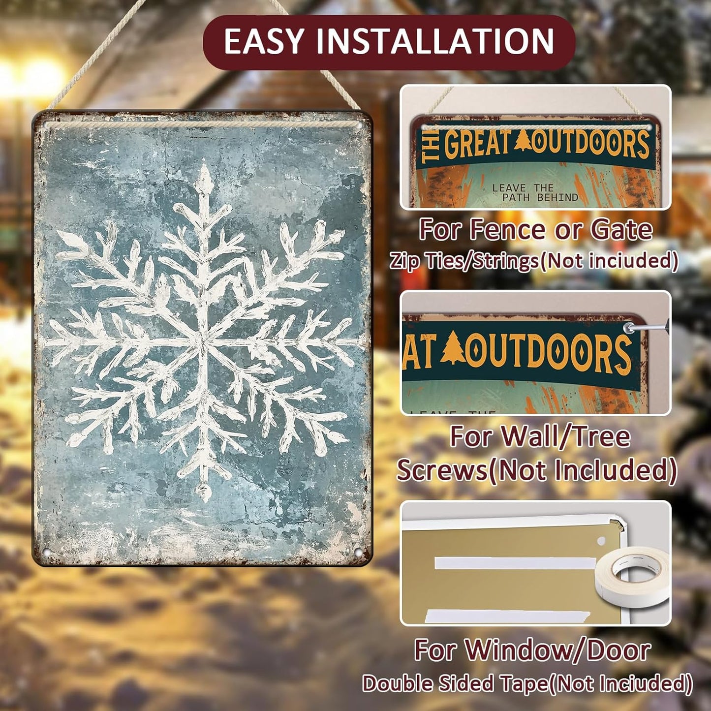 Vintage Christmas Tin Sign - Winter Snowflakes Metal Tin Sign - Wall Decor Sign for Outdoor Snowflake Christmas Decoration - 12x16Inch