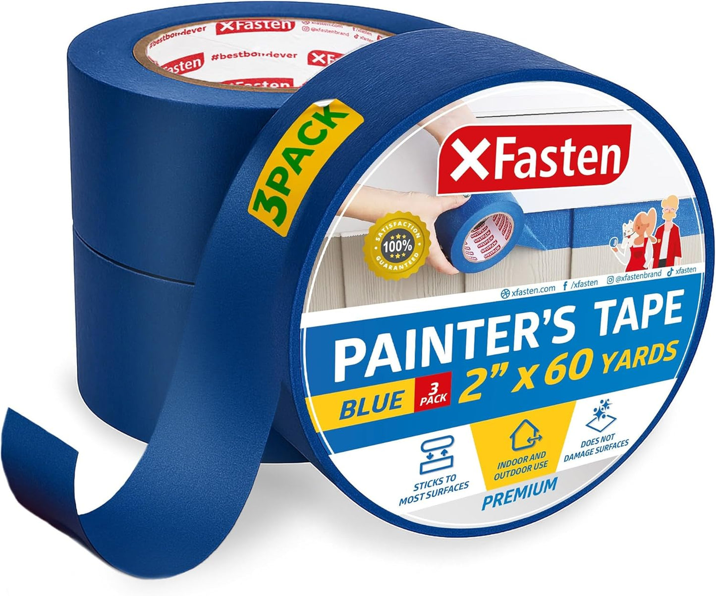 XFasten Professional Blue Painters Tape 2 Inch x 60 Yards (3-Pack) Bulk Blue Masking Tape for Painting Walls | Residue-Free