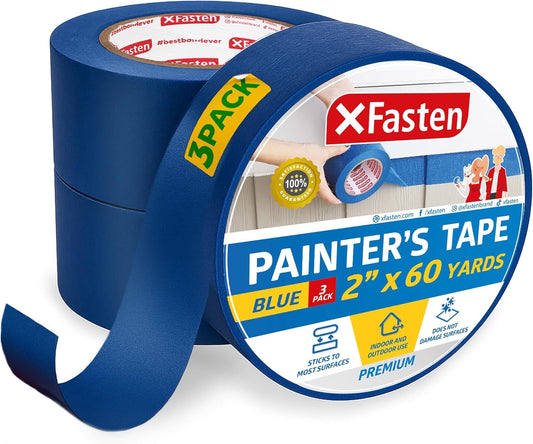 XFasten Professional Blue Painters Tape 2 Inch x 60 Yards (3-Pack) Bulk Blue Masking Tape for Painting Walls | Residue-Free