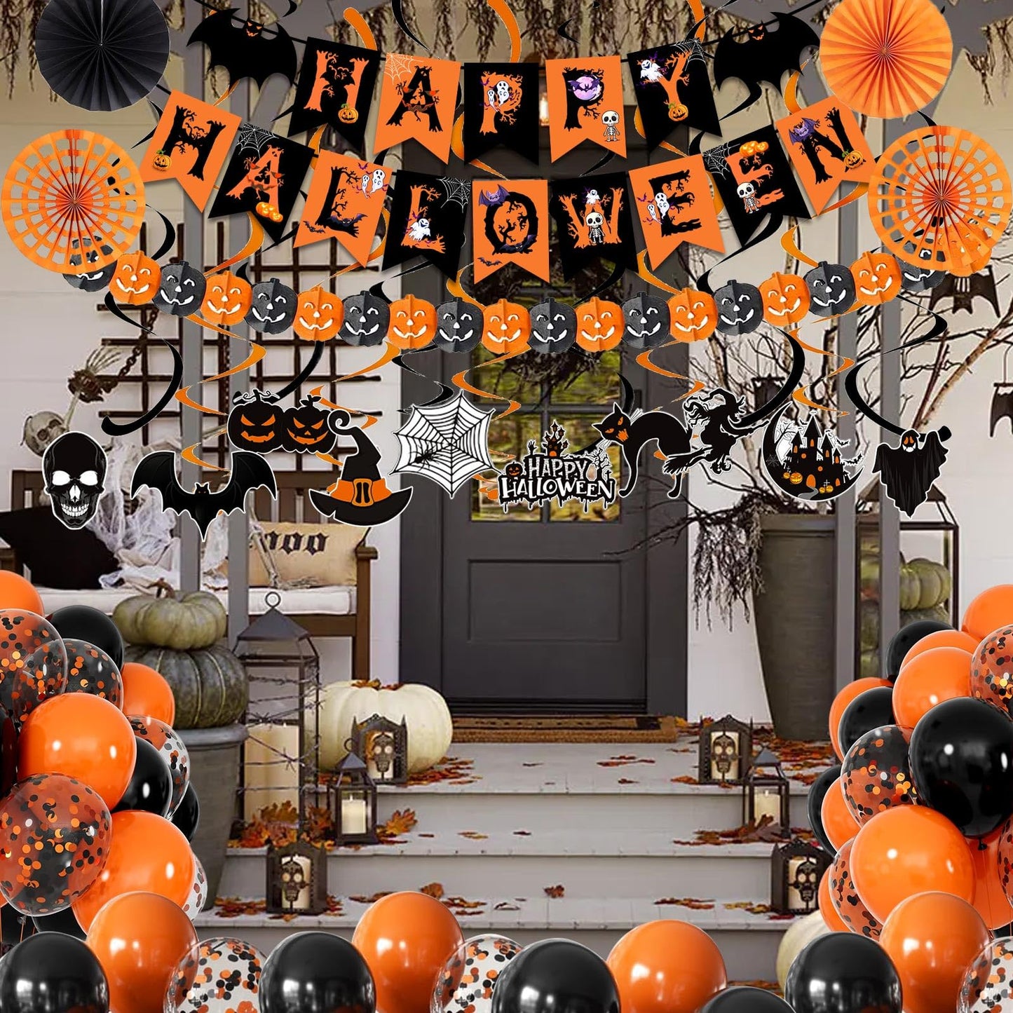 Happy Halloween Trick or Treat Banner Paper Fan Balloons & Swirl Streamers Goul Bat Cat Bird Ghost