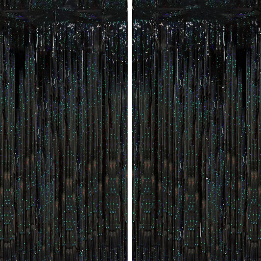 2 Pack Laser Black Tinsel Foil Fringe Curtains, Black Party Decorations, Metallic Tinsel Party Streamers Backdrop for Birthday Halloween Masquerade New Years Gatsby 1920s Party Decorations
