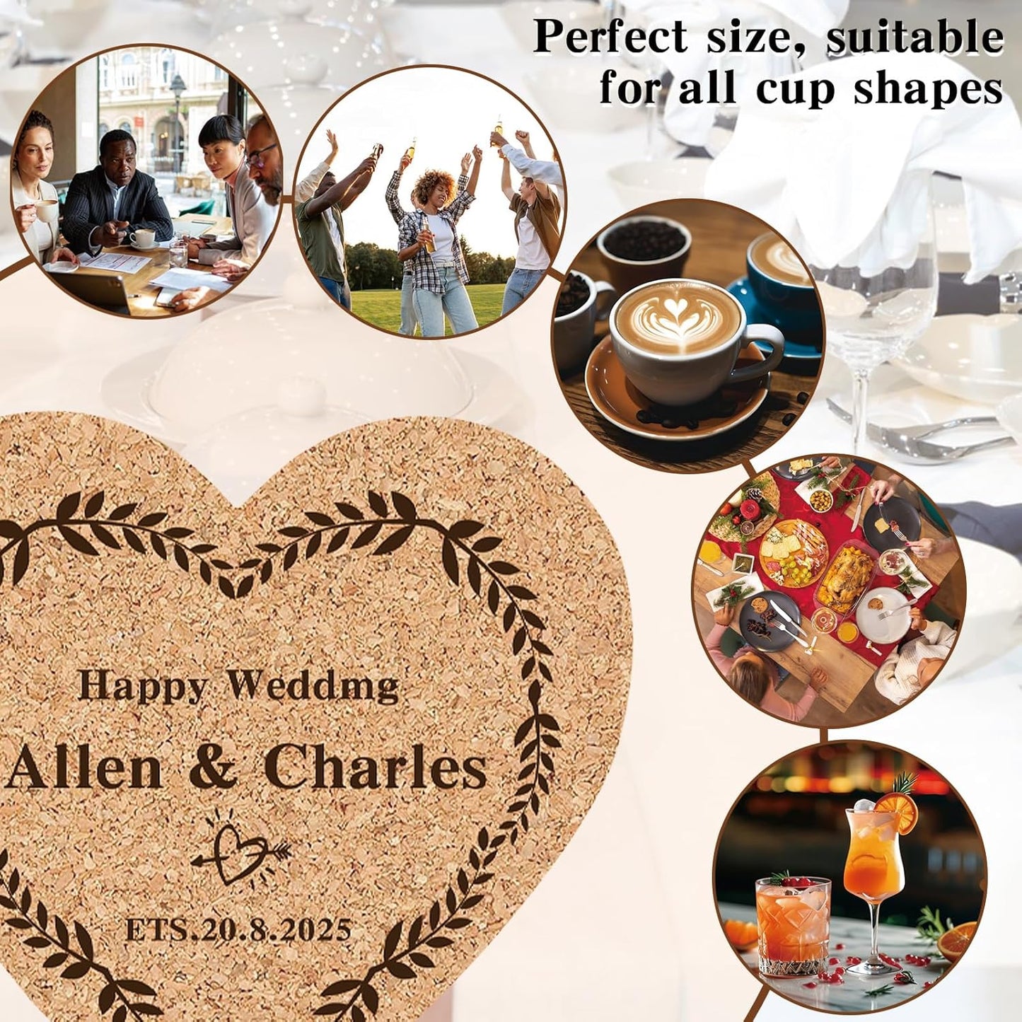 Custom Coasters Personalized Cork Coasters Bulk with Logo Wedding Personalized Cork Natural Wood Engraved Drink for Wedding Favors (Cork Coasters - Heart)