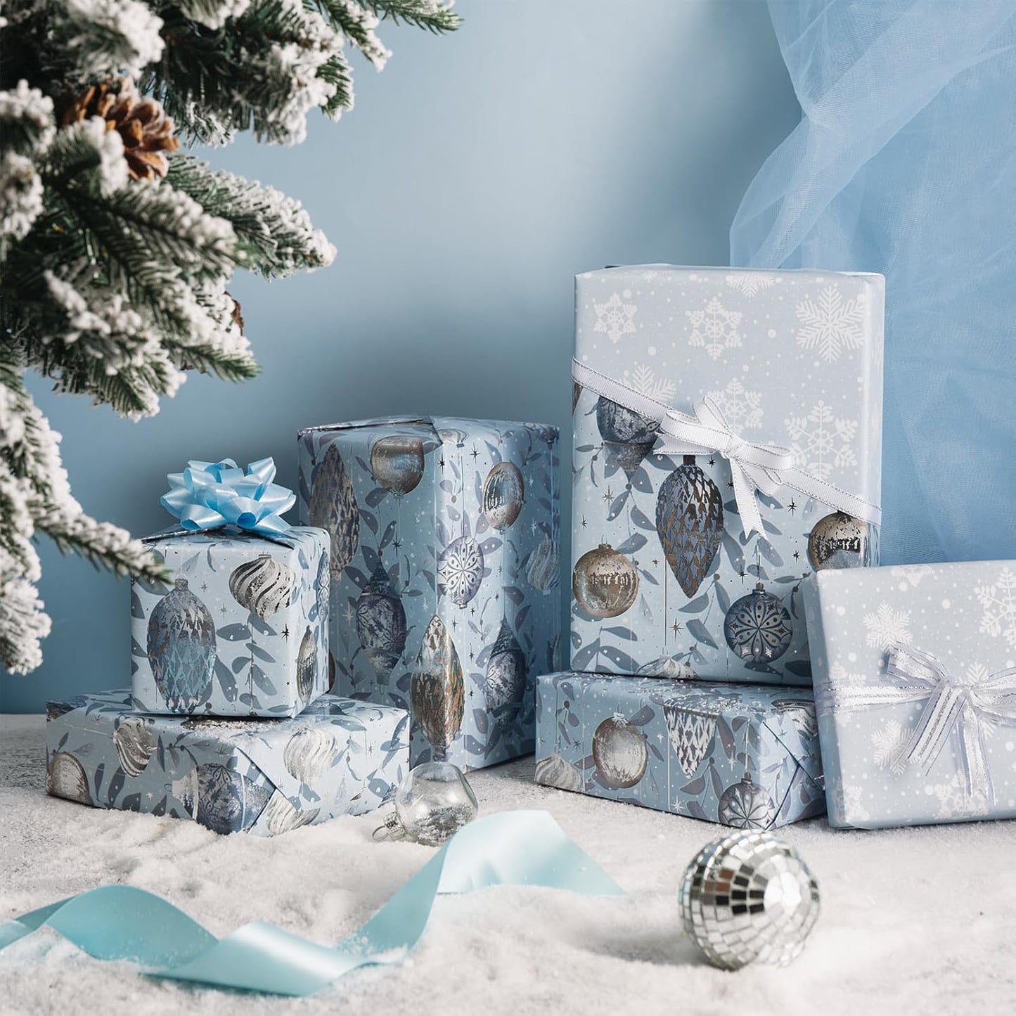 LeZakaa Christmas Silver Wrapping Paper Mini Roll, Silver Blue Christmas Ornaments, White Blue Snowflakes Metallic Foil, Reversible Design for Winter Holiday Family Gathering, 17 inches x 32.8 Feet