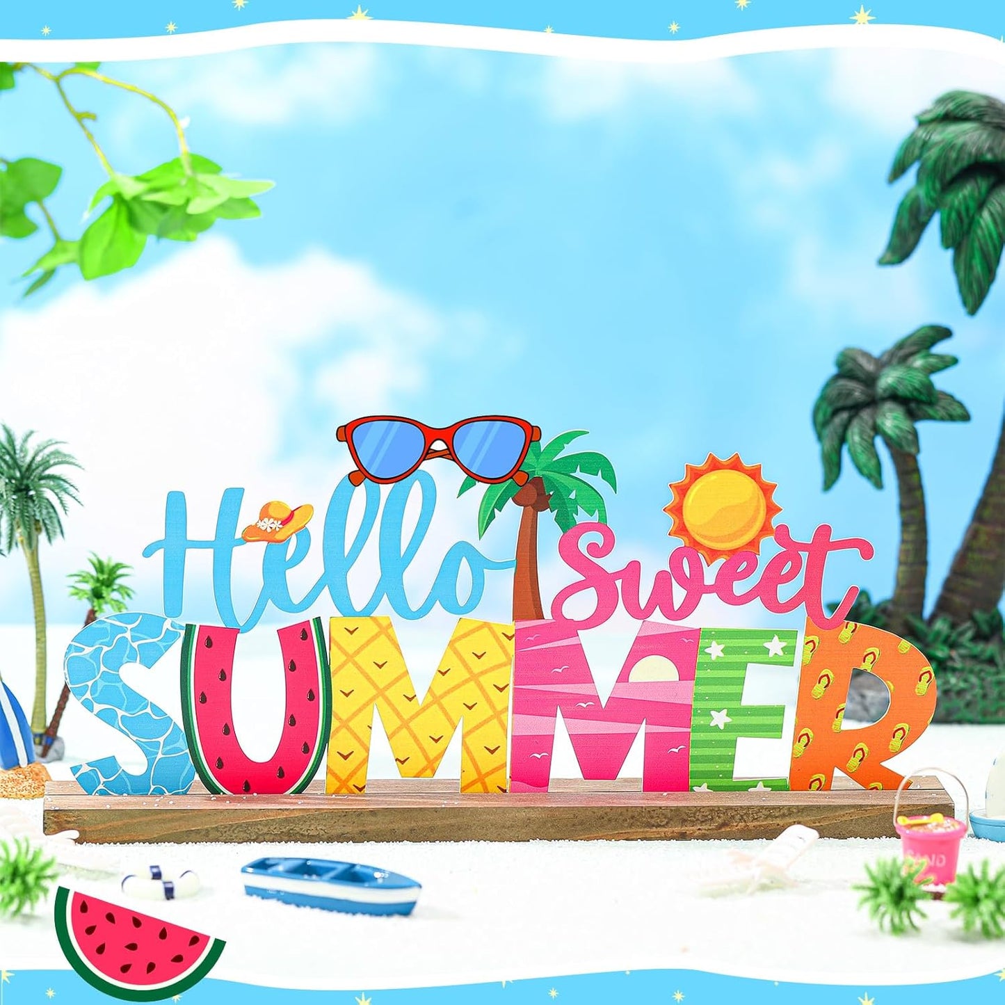 Hello Sweet Summer Metal Sign Rustic Table Decor Holiday Tiered Tray Decor with Wooden Base Freestanding Metal Word Sign for Home Tabletop Centerpiece Mantel Shelf Fireplace