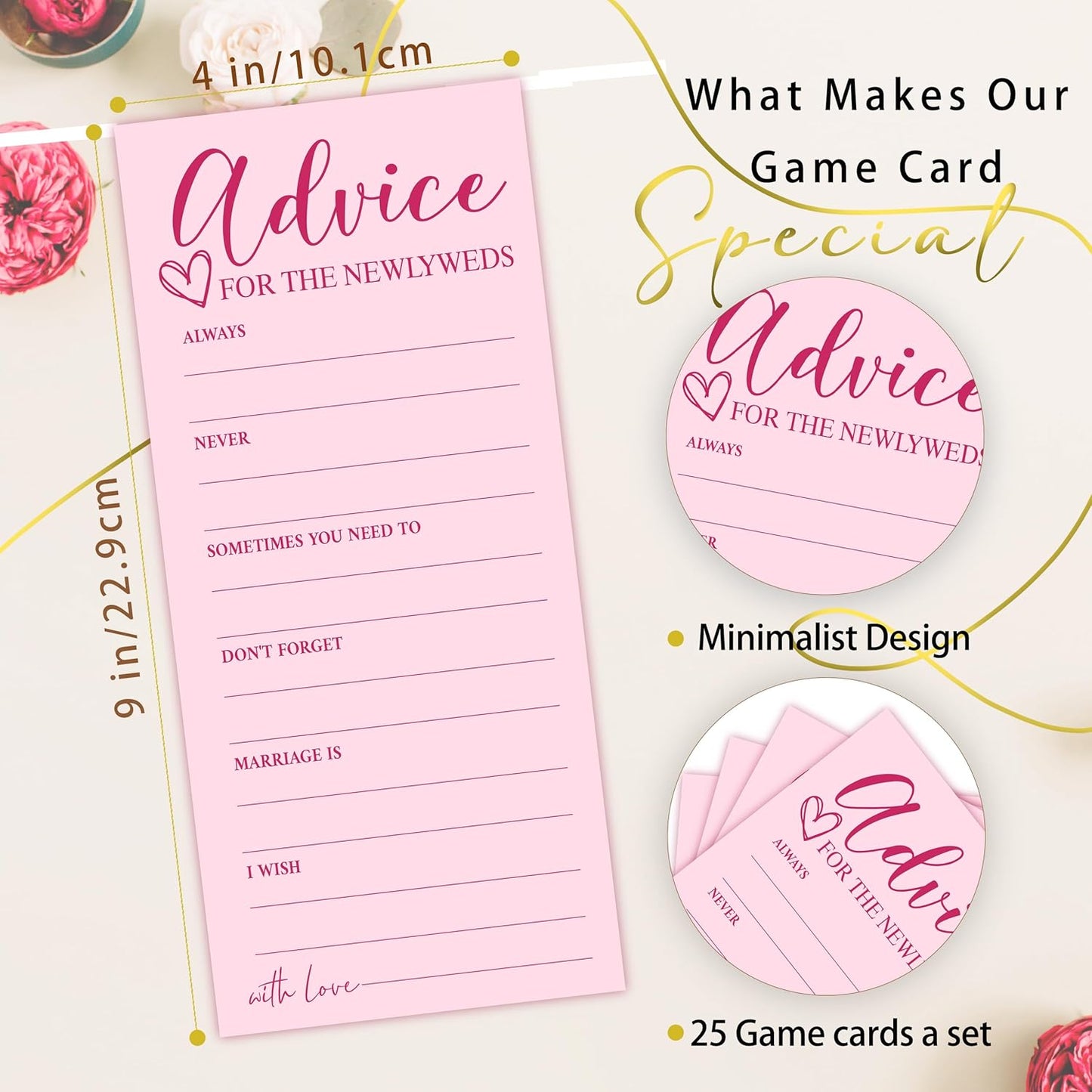 25 Wedding Advice Cards for Bridal Shower Games, Pink Advice and Wishes Cards for Bride and Groom, Newlyweds, 4X9 Inch Minimalist Guest Interaction Activity-A09