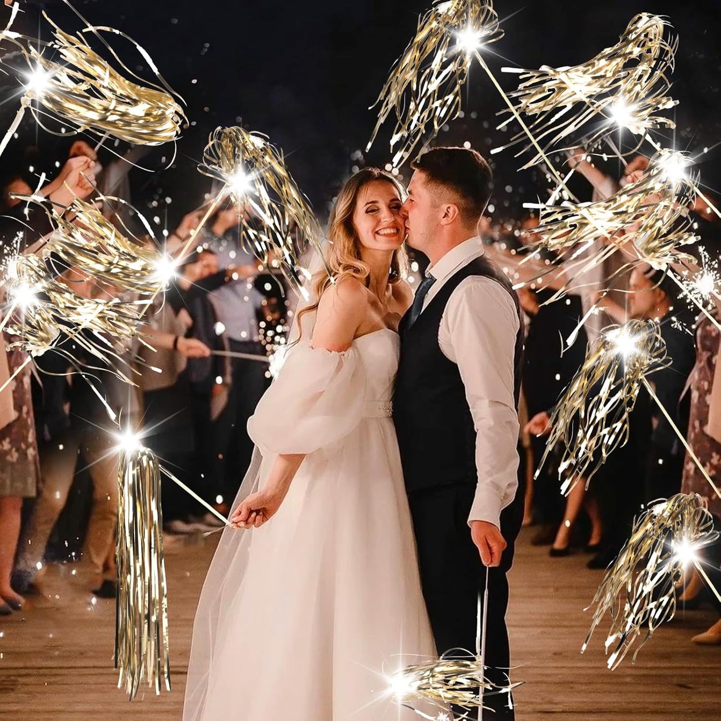 100 pcs Wedding Wands Light up with LED Tinsel Wedding Streamers for Wedding Send off and Greeting Ideal Props for Weddings, Birthday Parties, Christmas Cheerleading Games (Champagne)