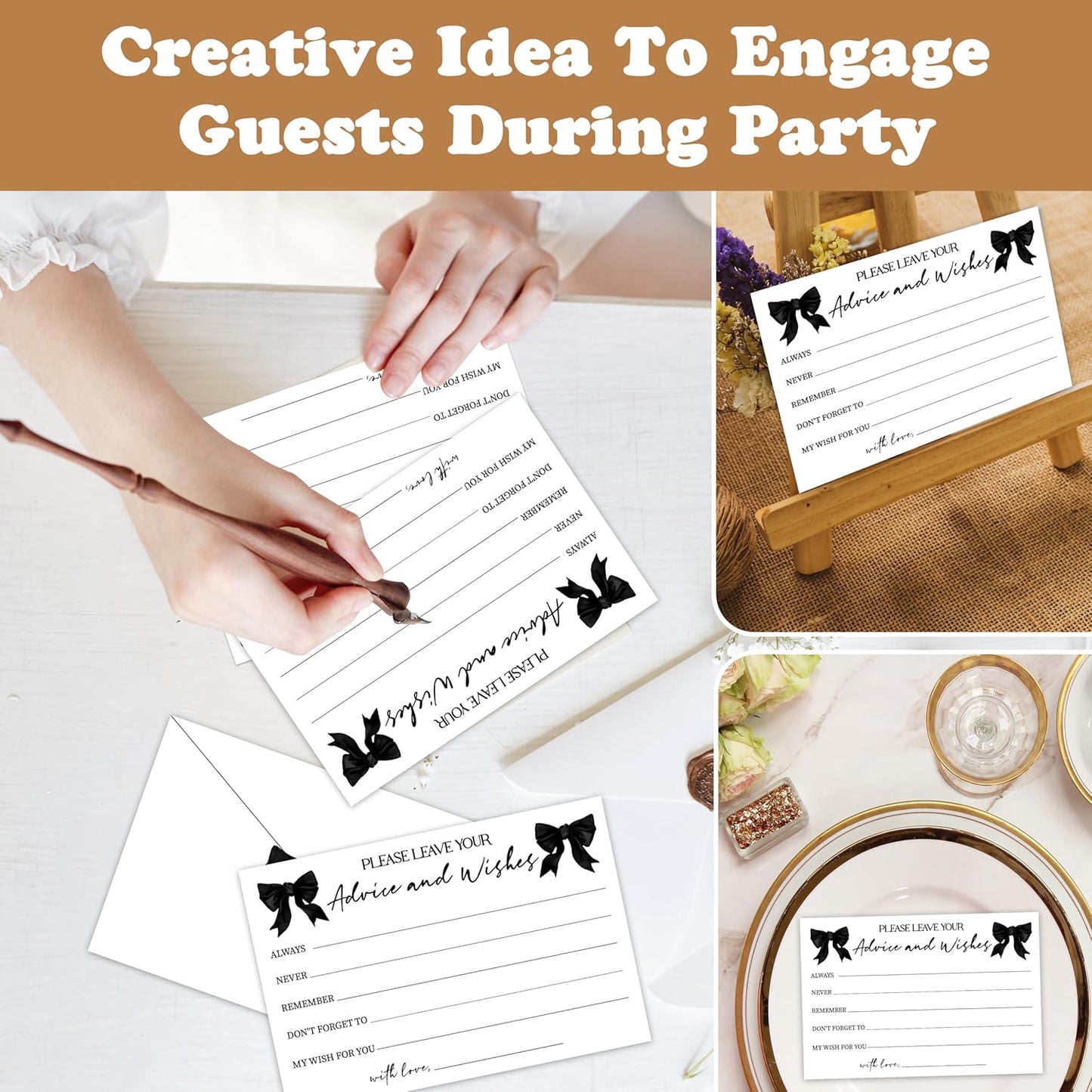 Advice And Wishes Cards (25pcs), Black Bow Advice Cards For Mr And Mrs, Bride And Groom, New Parents, Bridal Shower, Baby Shower, Engagement, Wedding, Bachelorette Party Games Decor -A12