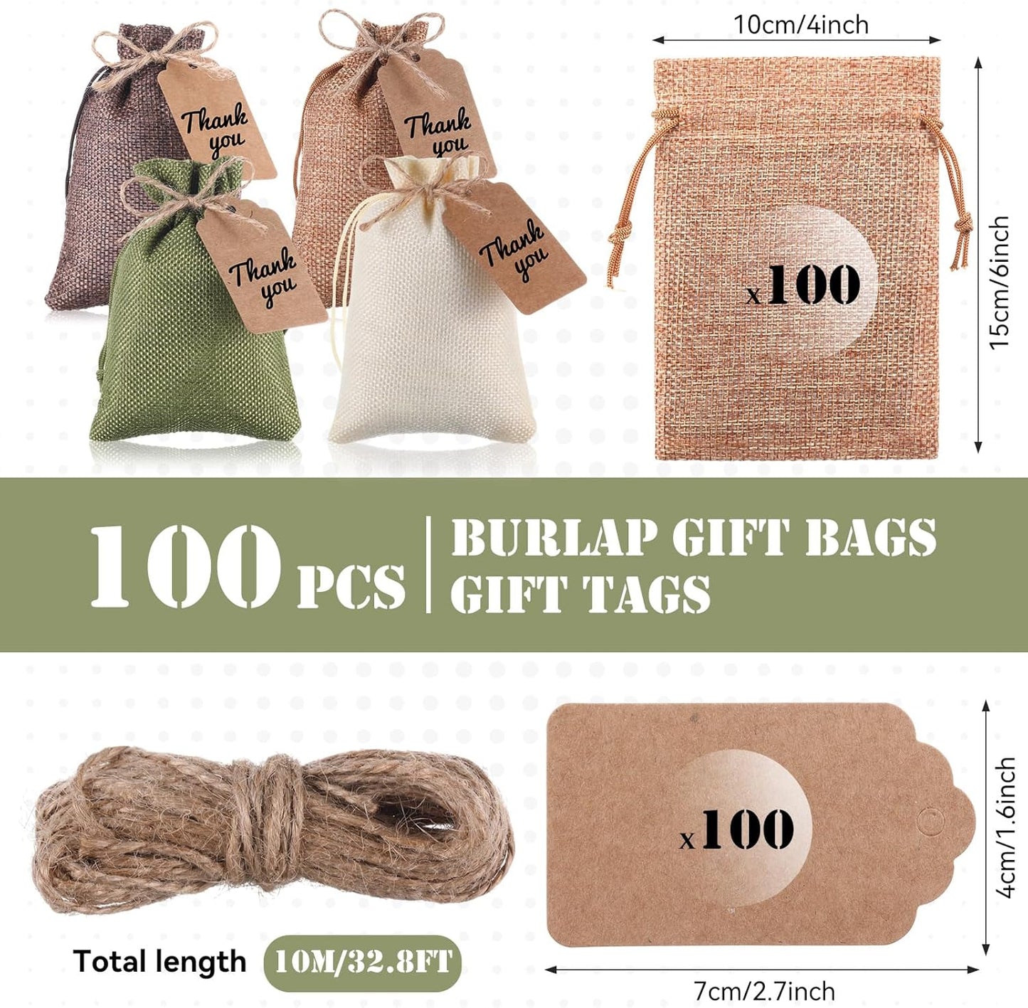 Woanger 100 Pcs Burlap Gift Bags with 100 Pcs Kraft Paper Gift Tags with Drawstring Favor Bulk Burlap Sack Bags for DIY Wedding Party Craft (4 x 6 Inch,Beige, Medium Brown, Dark Brown, Military Green)