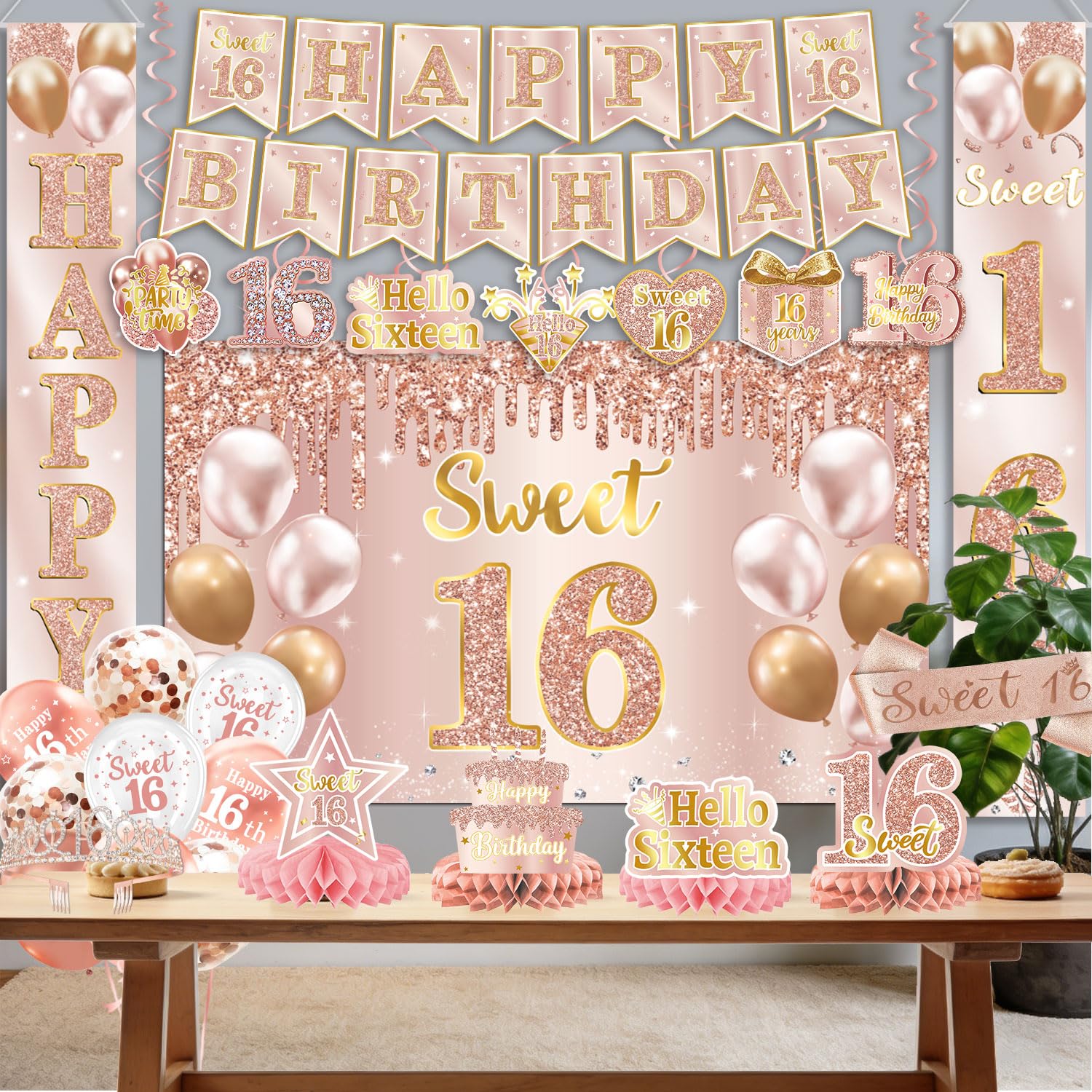Sweet 16 Party Decorations – 16th Birthday Decorations Backdrop, Banner, Honeycomb Centerpieces