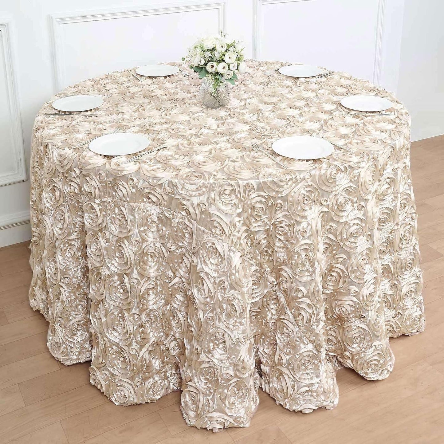 Efavormart 120" Beige Grandiose 3D Rosette Satin Round Tablecloth for Wedding Party Event Decoration