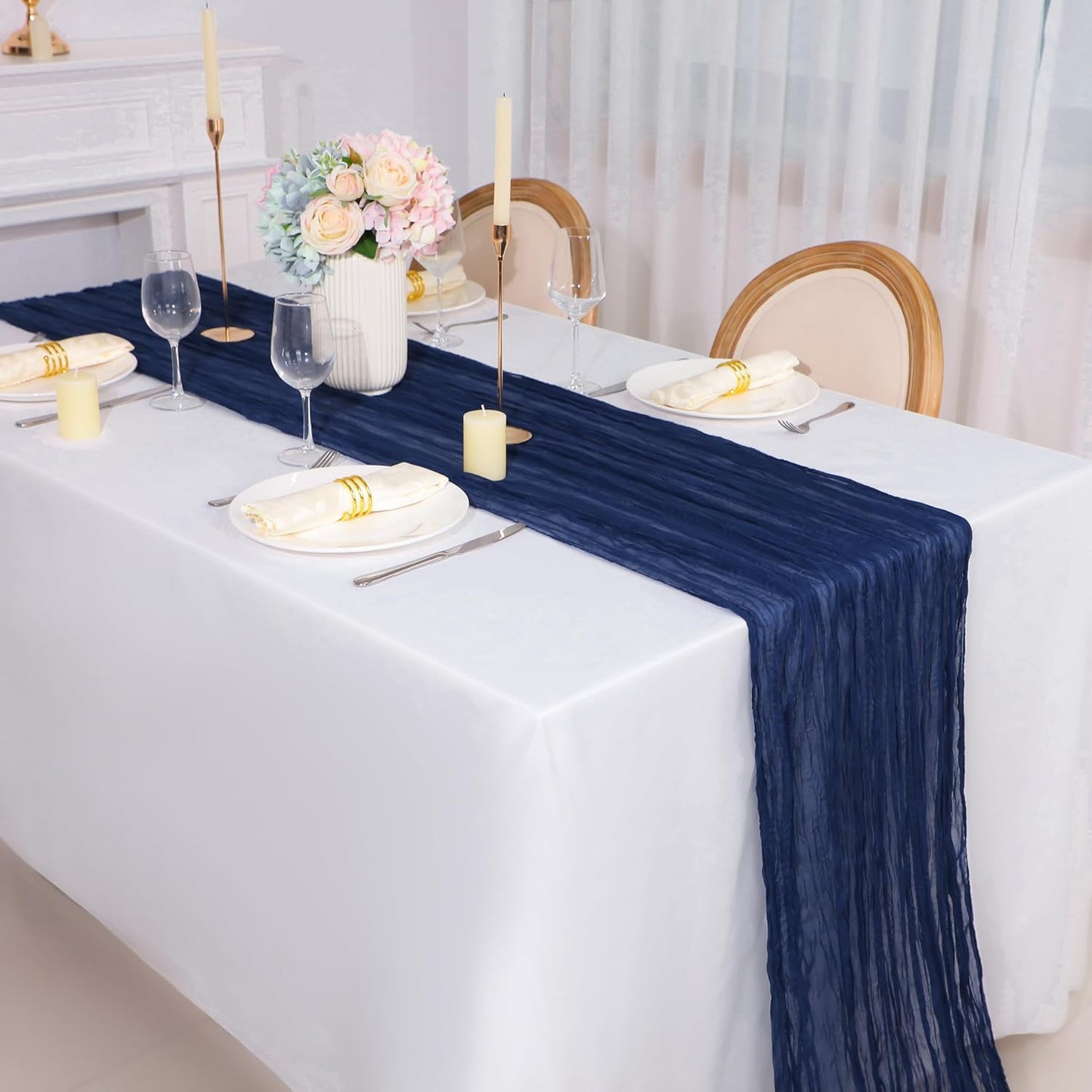 Snowkingdom 6PCS 13Ft Navy Blue Cheesecloth Table Runner, 160inch Long Cheese Cloth Boho Gauze Runner for Wedding Bridal Baby Shower Birthday Holiday Party Sheer Table Decorations