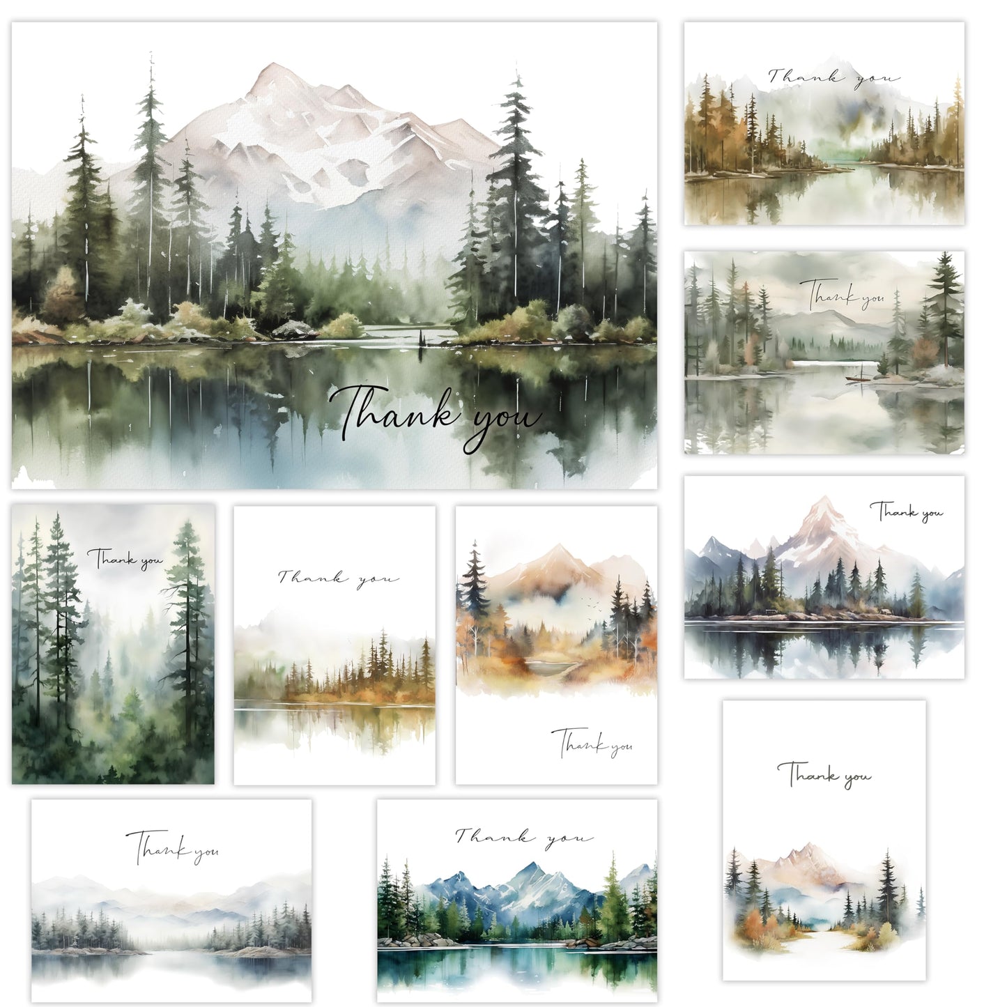 Thank You Cards Set of 20,4x6 Inches Watercolor Nature Forest Thank You Cards with Envelopes