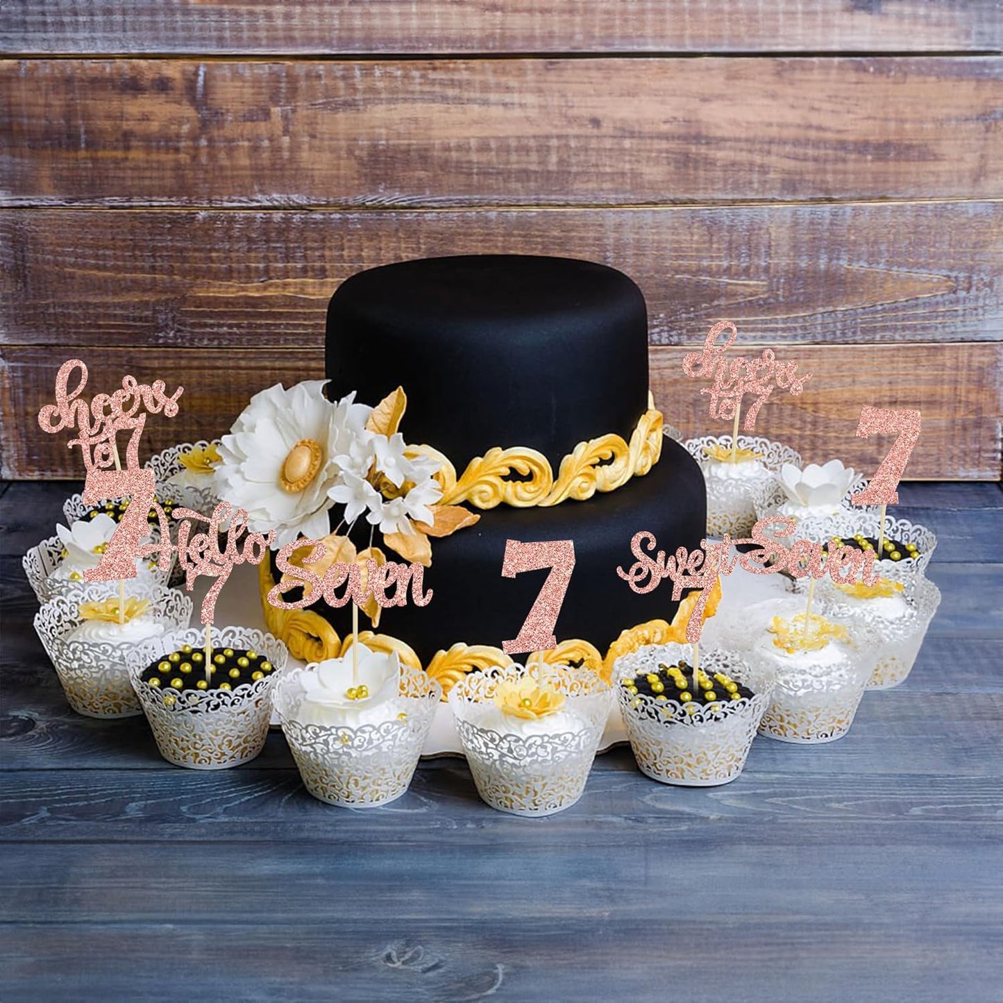 30Pcs 7th Birthday Cupcake Toppers Glitter Seven Happy 7 Cupcake Picks Cheers to 7 Years Old Cake Decorations for 7th Birthday Party Supplies Rose Gold