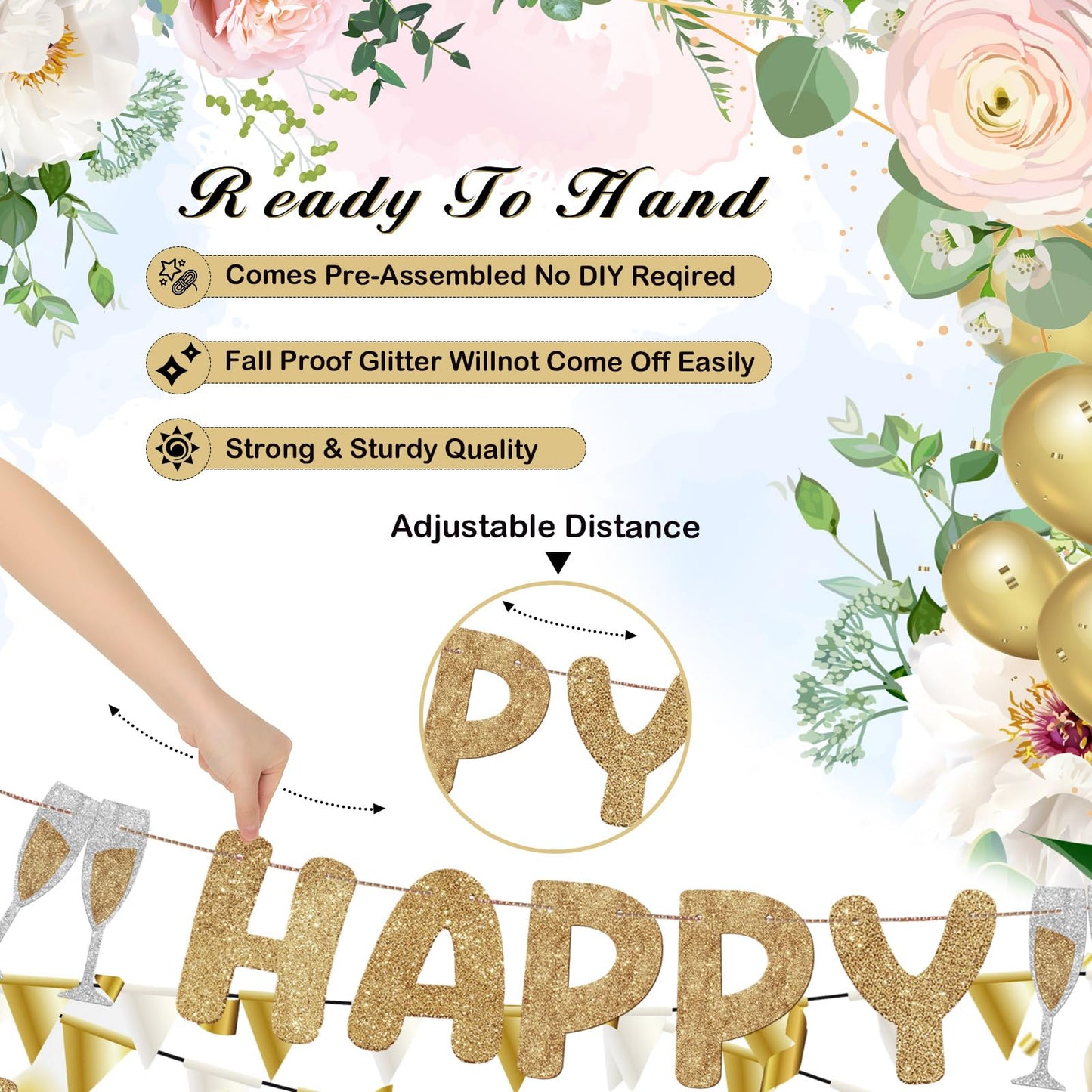 Breling Pre-Strung Glitter Happy Engagement Banner, Champagne Gold