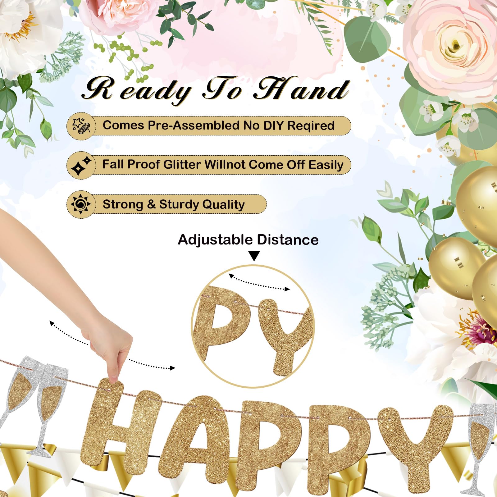 Breling Pre-Strung Glitter Happy Engagement Banner, Champagne Gold