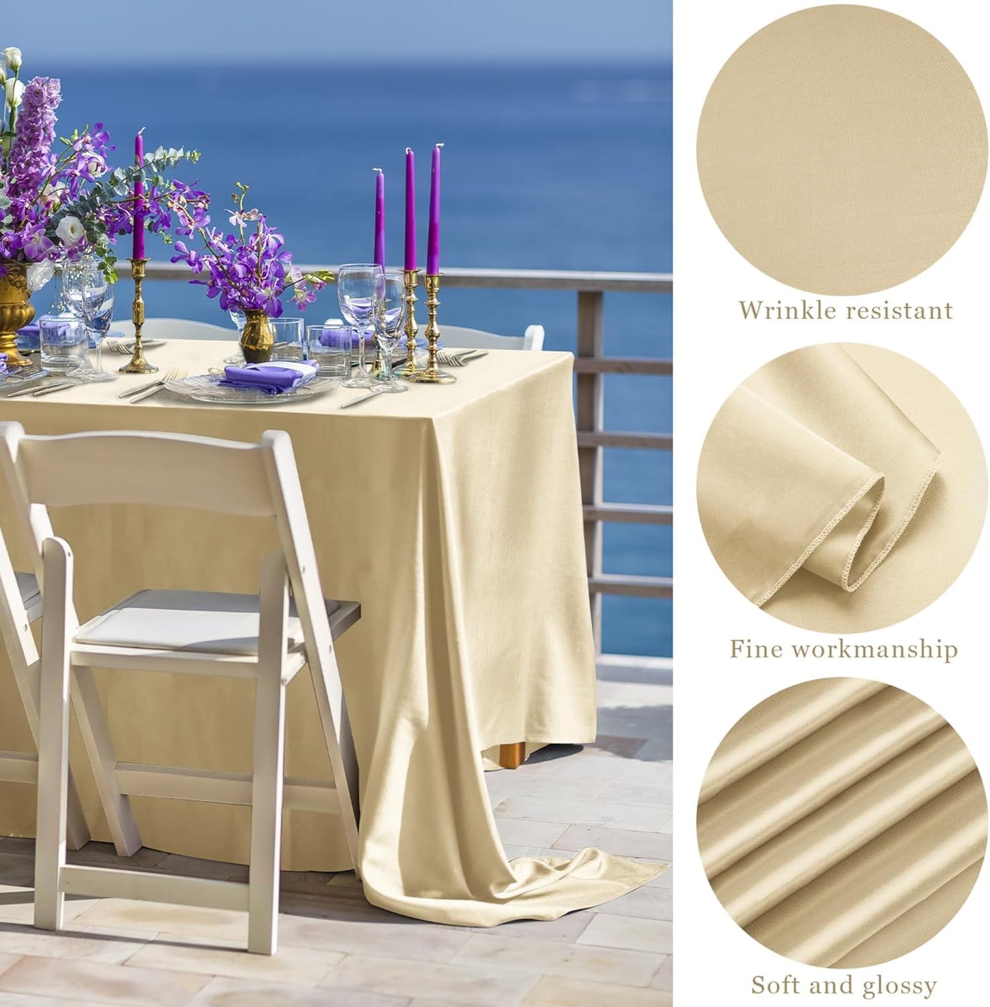 TURSTIN 8 Packs Champagne Satin Tablecloth 102 x 58 Inch Overlay Satin Table Cover Rectangle Bright Silk Tablecloth Smooth Fabric Table Decoration for Wedding Banquet Party Events