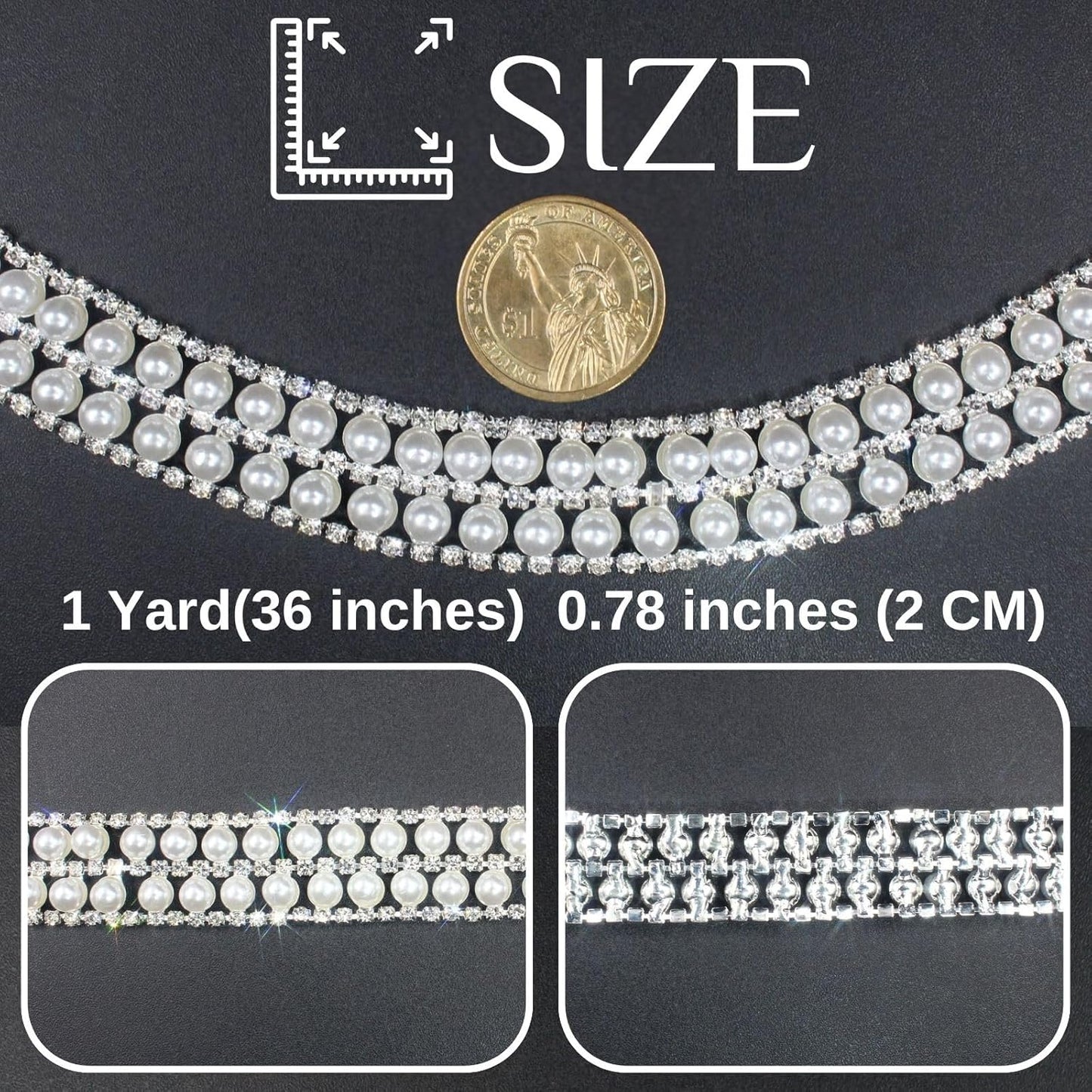 PEARLY JUN 1 Yard Pearl Rhinestone Trim Chain Silver Crystal Fringe Diamond Applique Ribbon String Tassel Strip for Sewing Wedding Dress Crafting Crafts Flower Embellishments