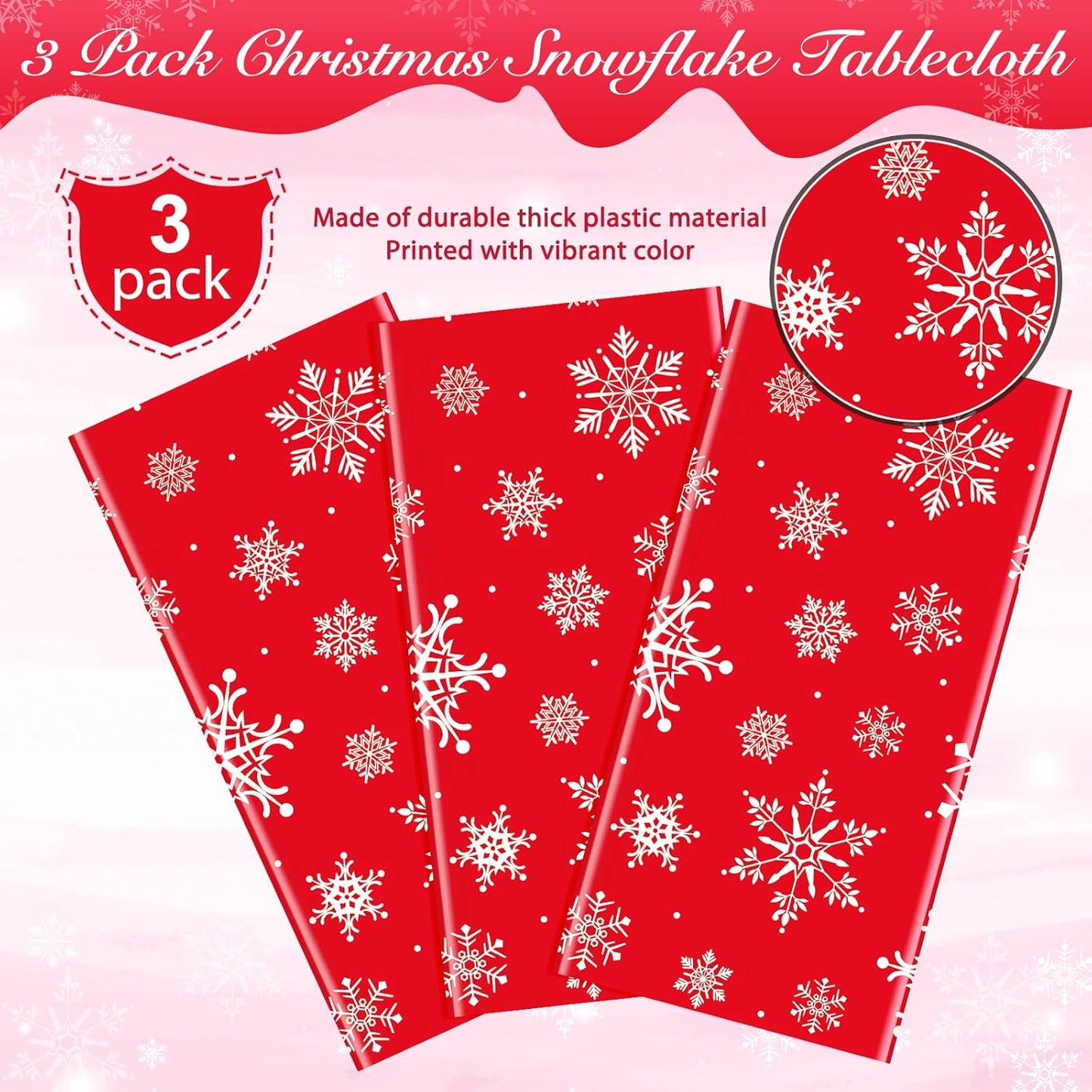 Jectivs 3 Pieces Christmas Snowflake Plastic Party Tablecloth Decorations,White Snowflake Red Xmas Backdrop Sign Table Cover Banner for Winter Christmas Holiday Party Supplies,54x108 inch (Red)