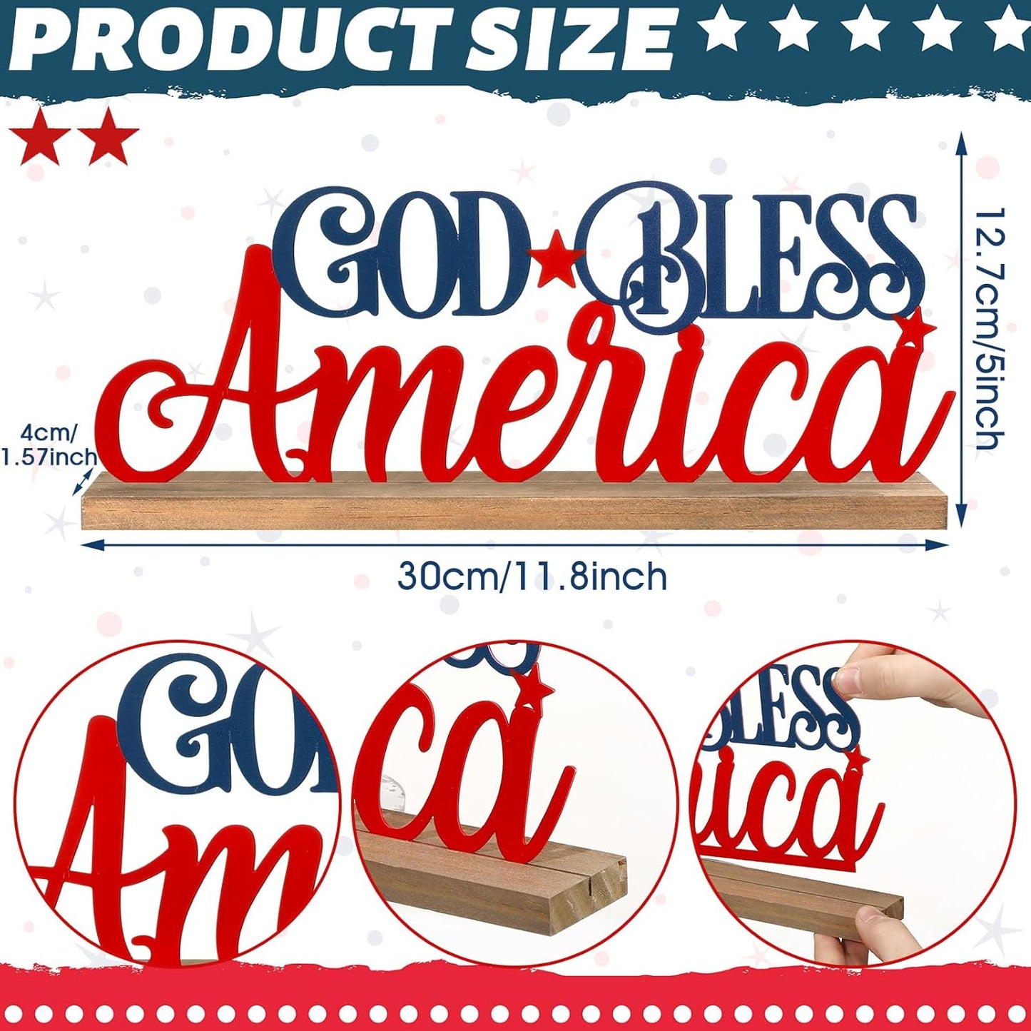 Patriotic God Bless America Metal Sign Rustic Table Decor Holiday Tiered Tray Decor with Wooden Base Freestanding Metal Word Sign for Home Tabletop Centerpiece Mantel Shelf Fireplace