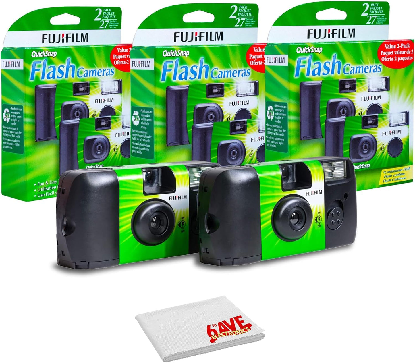 FUJIFILM QuickSnap Flash 400 One-Time-Use Disposable Camera with Flash (4X 2 Pack) Bundle with Microfiber Cleaning Cloth