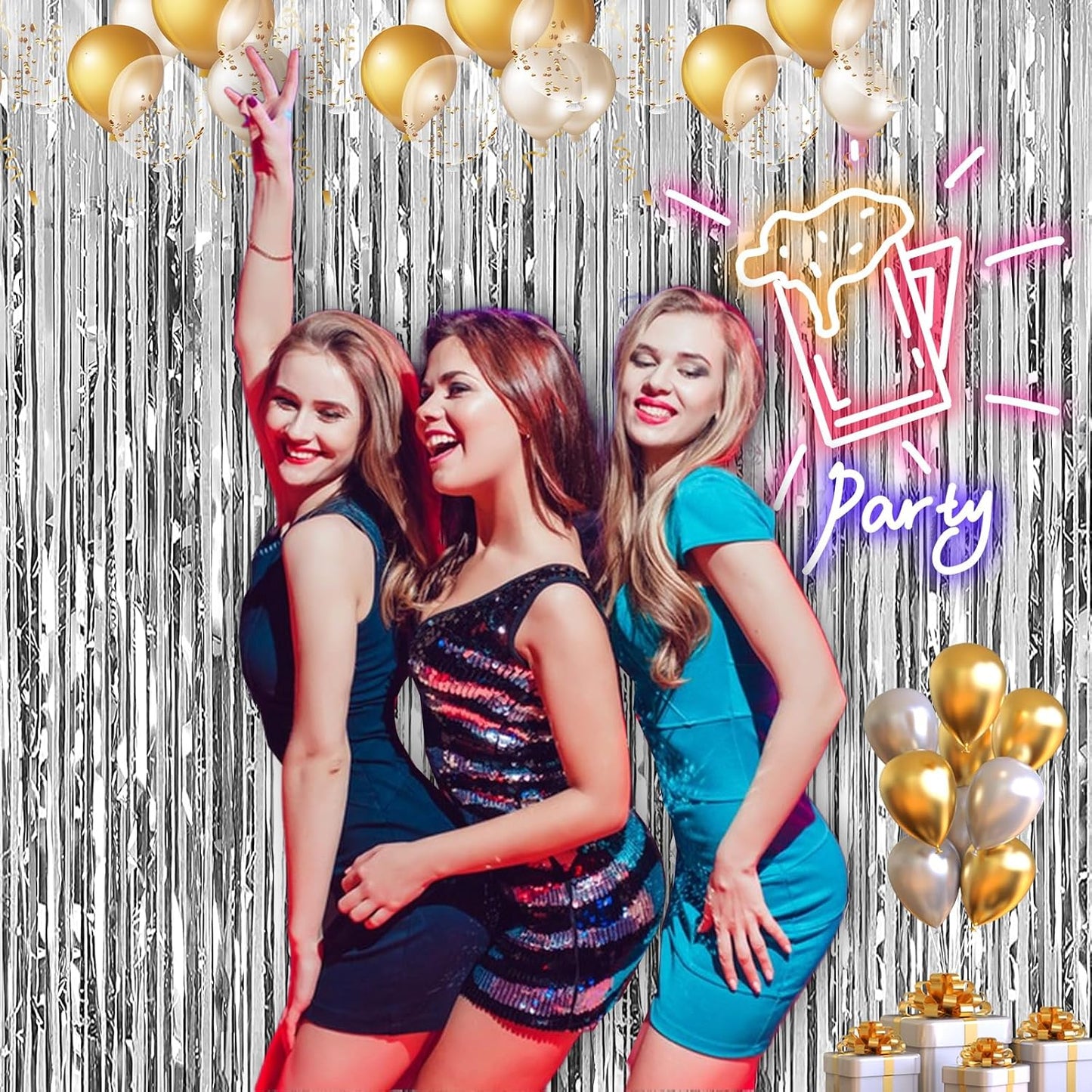 2 Pack 3.28 ft x 6.56 ft Silvery Tinsel Curtain Party Backdrop Decorations, Metallic Foil Fringe Backdrop Door for Halloween, Christmas, Birthday Graduation Wedding Party Streamers Photo Backdrop.