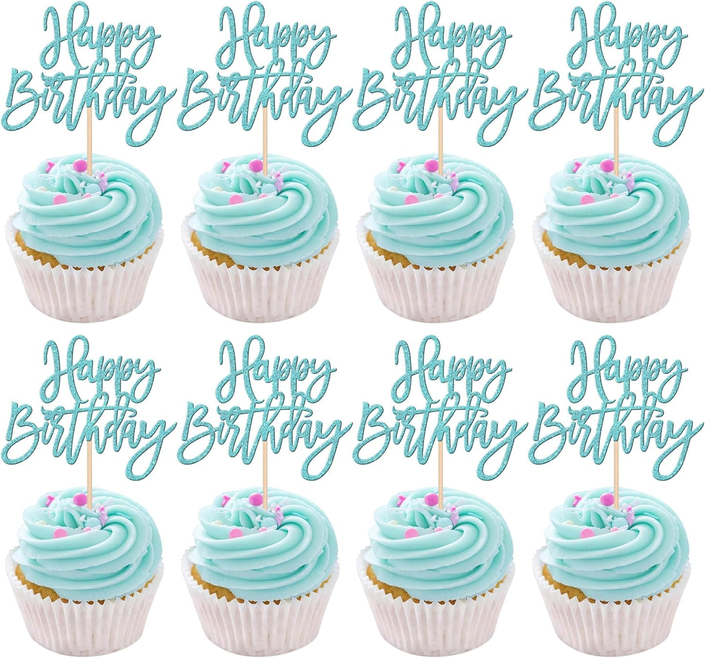 24 PCS Happy Birthday Cupcake Toppers Glitter Picks for Celebrating Anniversary Theme Party Cake Decorations Supplies Light Blue